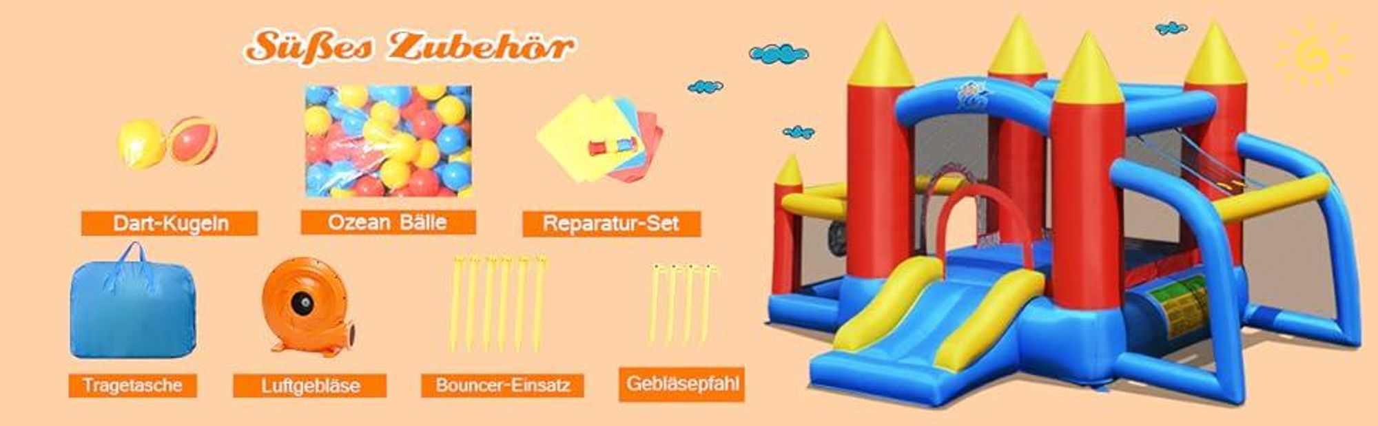 COSTWAY Hüpfburg + 450W Gebläse Springburg Hüpfschloss, Bouncer mit Rutsche, 60 Ozeanbälle, Fußballtor, 2 Dartpfeile, Tragetasche, 350x275x196cm