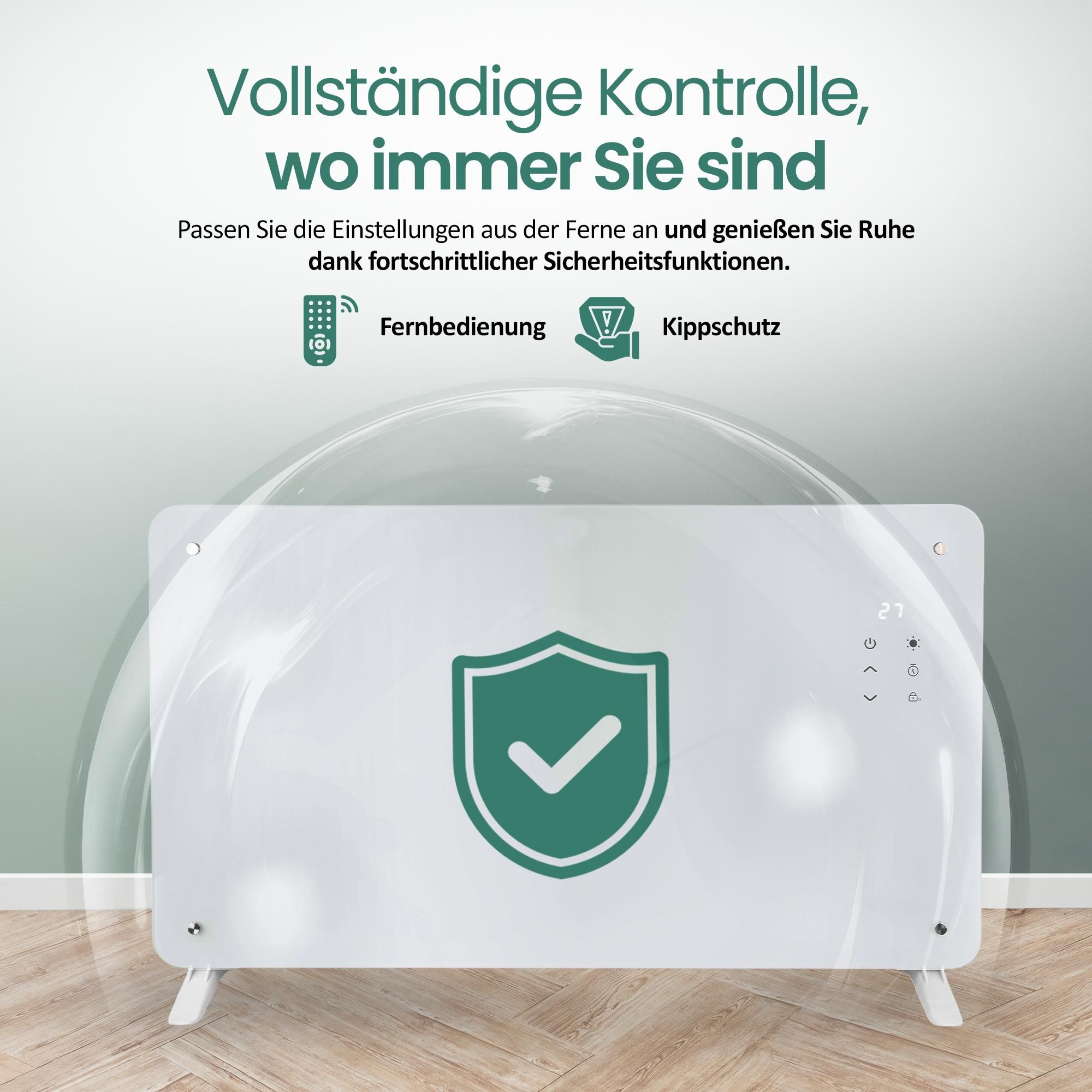 Emerio Glasheizkörper GR-133080.1 - 25 m² - 2000W - 2 Heizstufen - Timer - Fernbedienung - IP24 - Kippschutz - Wand- oder Standmontage - Display