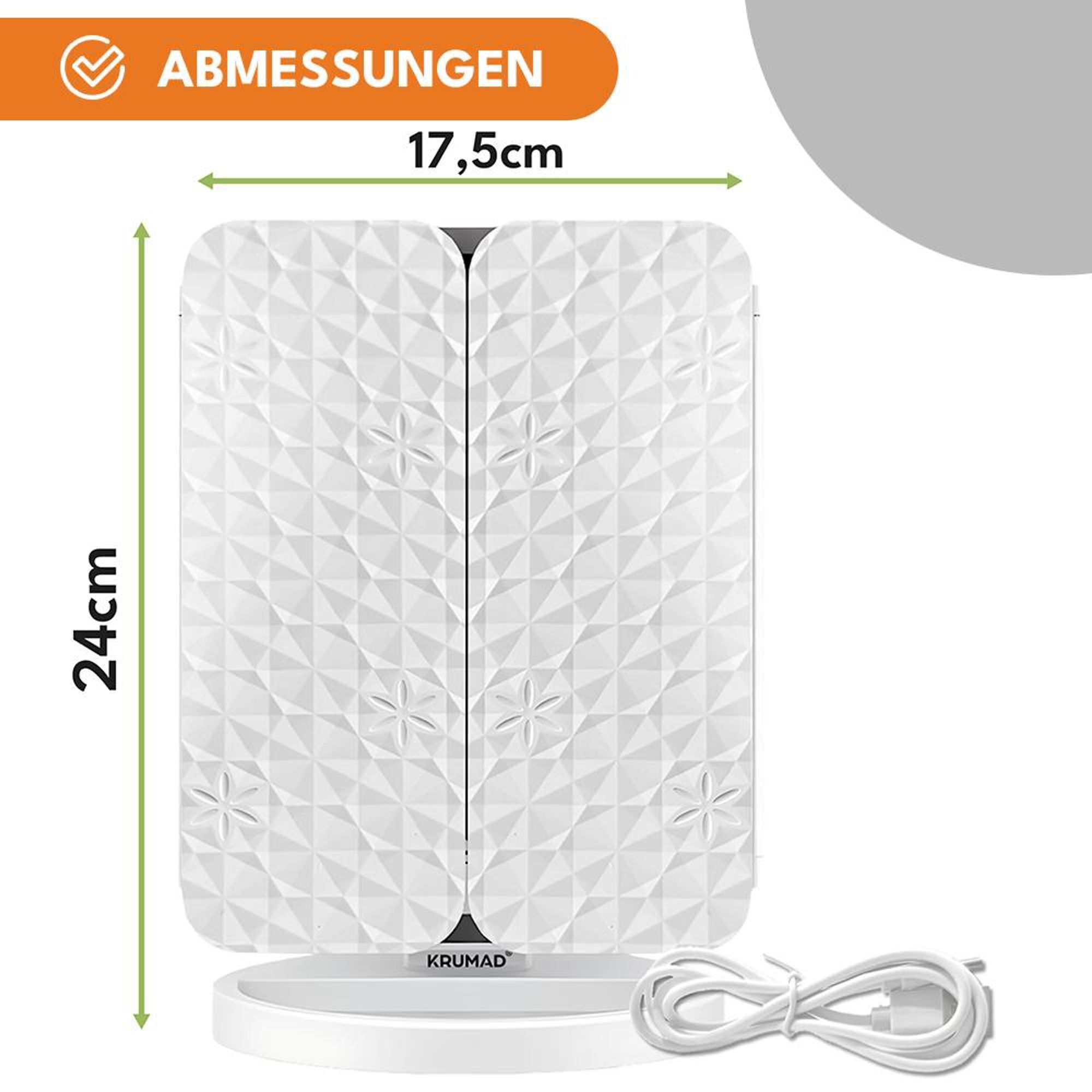 KRUMAD LED Kosmetikspiegel, 3 Lichtfarben, 180° drehbar, faltbarer 3-Flügel Schminkspiegel mit Dimmfunktion, USB, 175×240 mm