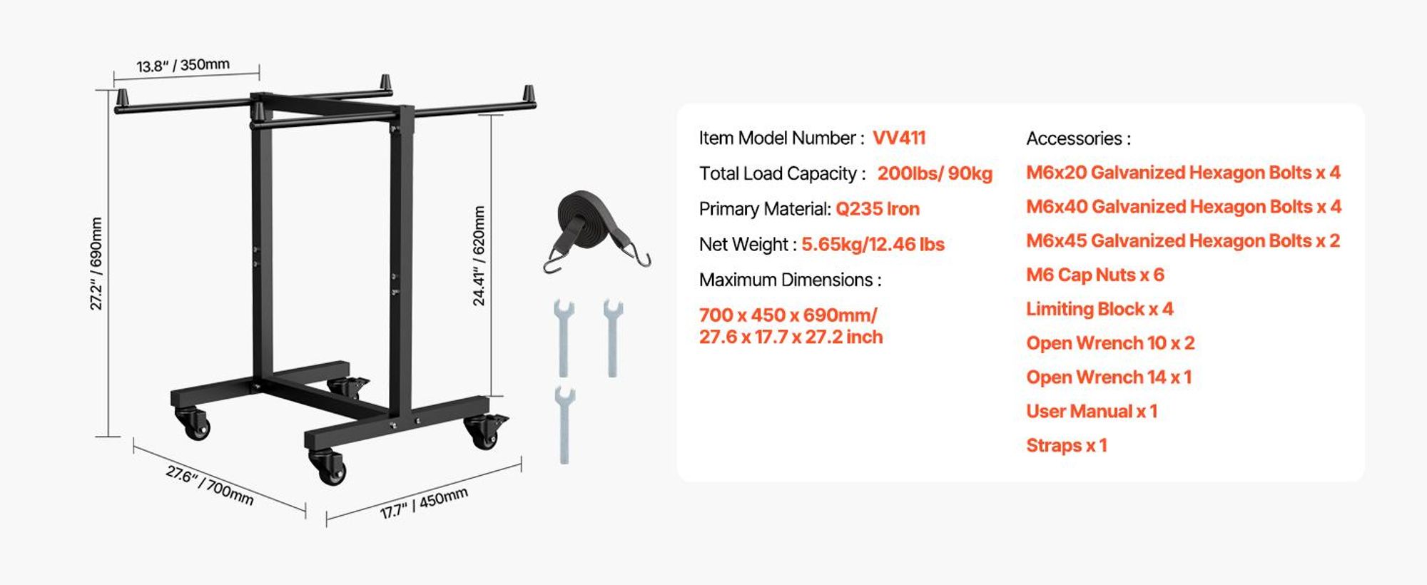 VEVOR Stuhlkarre, 90 kg Tragkraft, T-förmiger Klappstuhlwagen für 14 Stühle, Stuhlwagen aus Metall mit Gummirädern, multifunktionaler Stuhlhalter