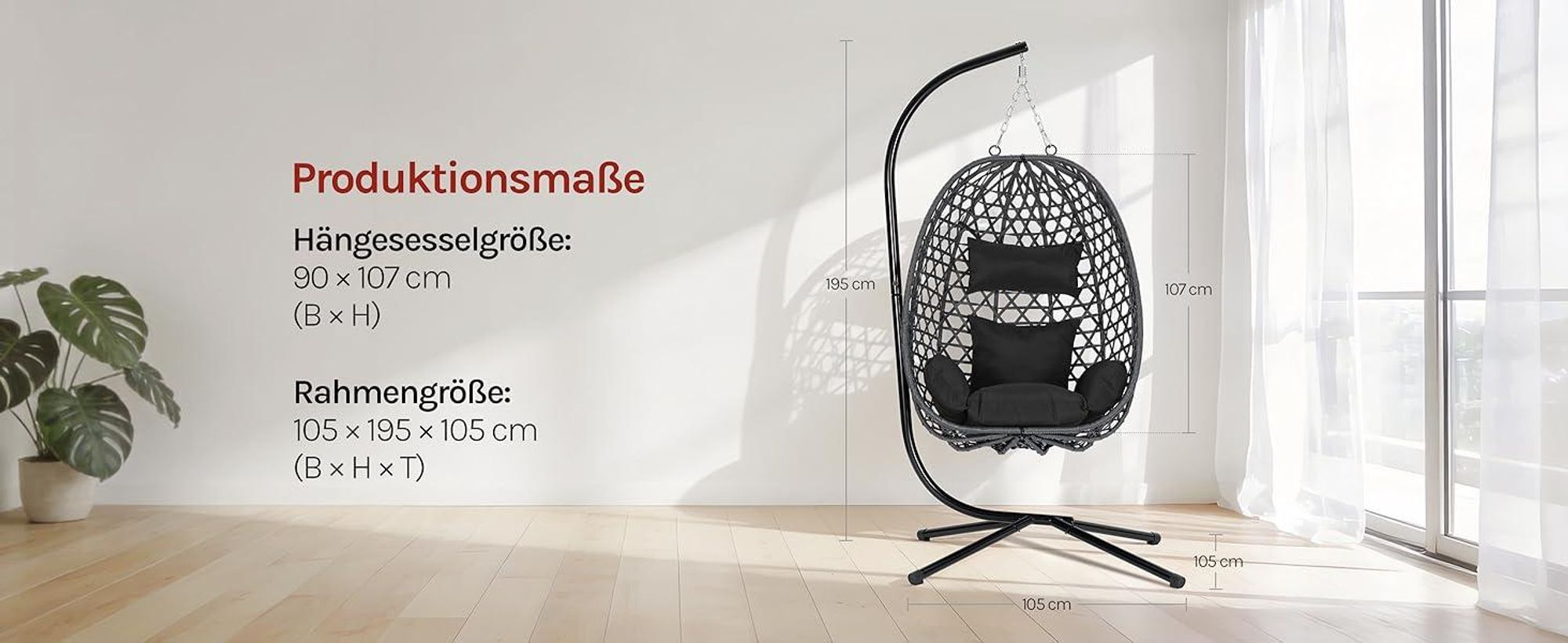 WOLTU Hängesessel mit Gestell bis 150 kg belastbar PE-Rattan, Schwarz