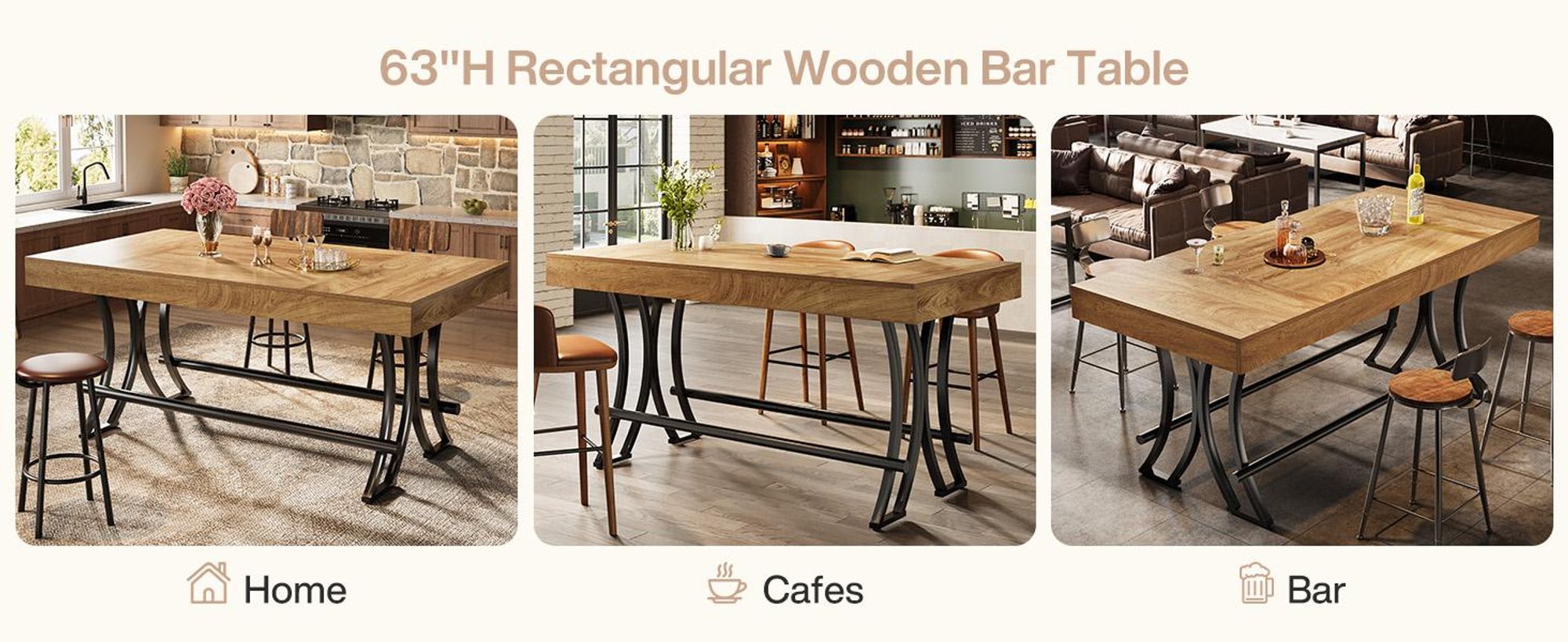 Tribesigns Bartisch, 160 cm hoher Kneipentisch mit Fußstütze aus Metall, rechteckiger Esstisch in Thekenhöhe für die Küche, industrielle Hausbar