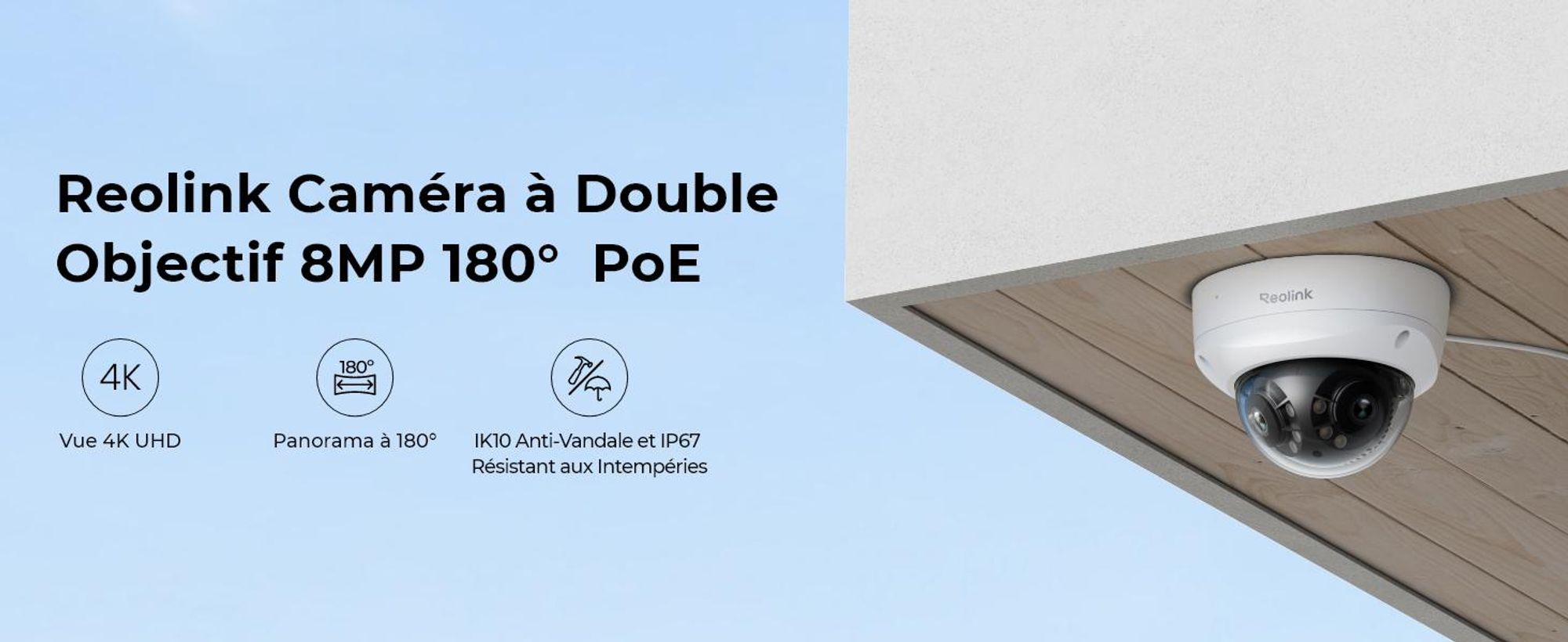 Reolink Duo 2V PoE, Caméra de surveillance 4K 8MP 180° double objectif PoE, IK10 Vandal, Détection intelligente, Vision nocturne par spotlight, Audio bidirectionnel, IP67