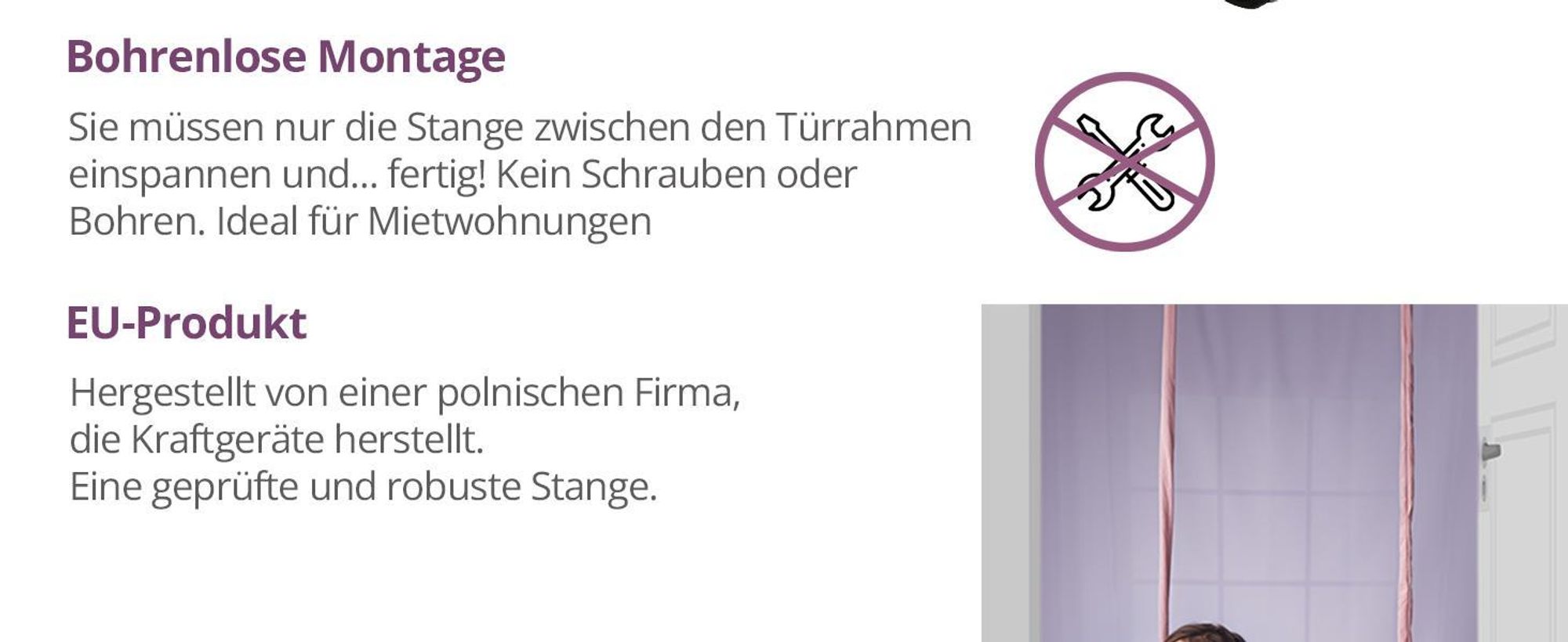 Create for you® - Klimmzugstange, für Türrahmen, mit Haken für Kinderschaukel - Fitnessgeräte für Zuhause - Montage ohne Bohren, Weiß -  90cm