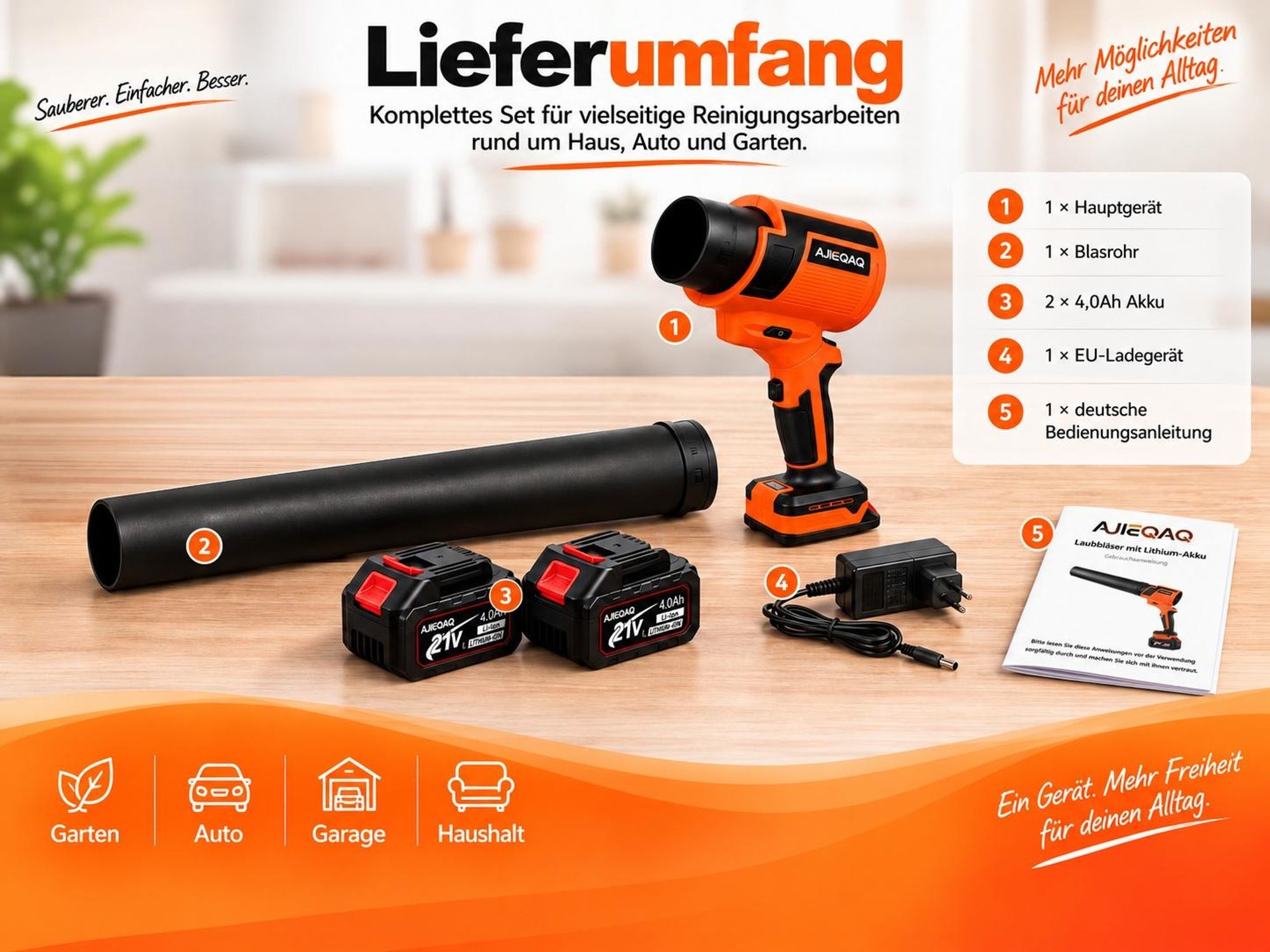 Akku-Laubbläser 21V Brushless, 1500W, 648 km/h, 6 Stufen + Turbo, 2×4,0Ah Akkus, 360° Griff, für Laub, Schnee, Auto & Trocknen