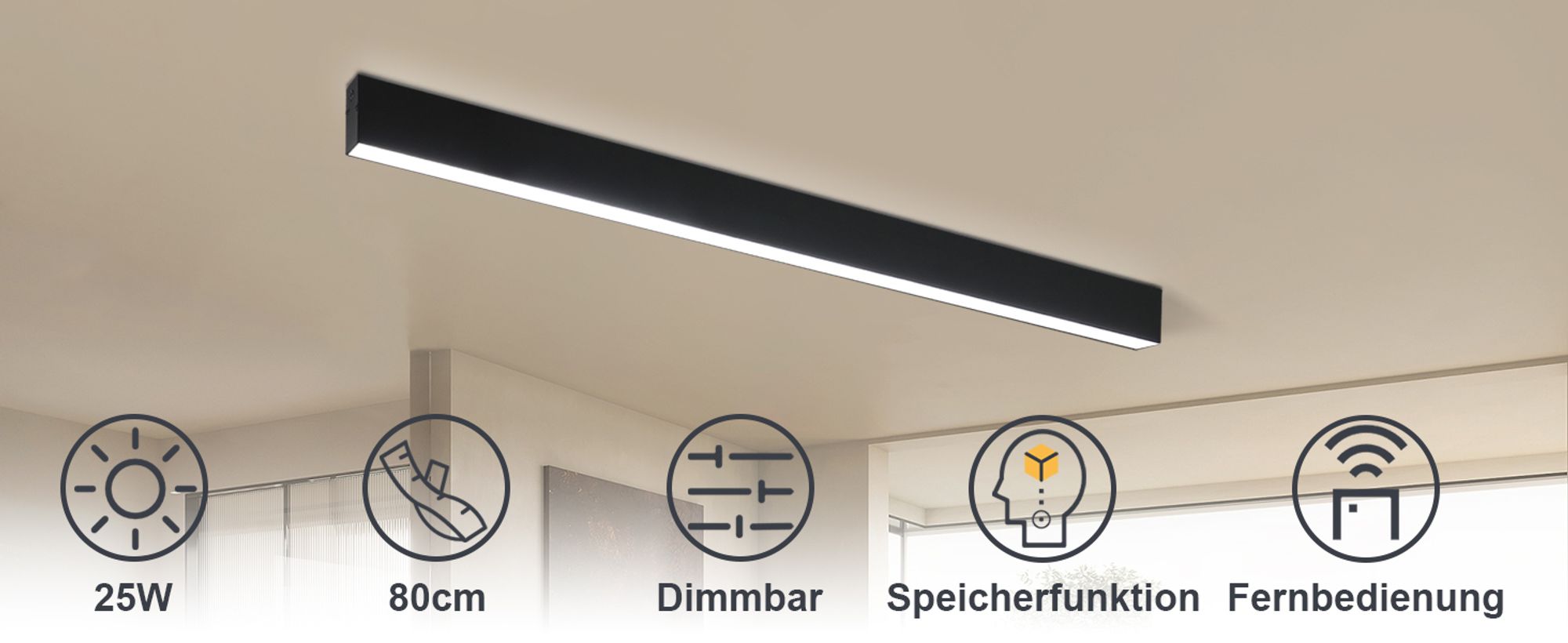 ZMH LED Deckenleuchte Wohnzimmer Deckenlampe 25W Modern Schwarz Deckenbeleuchtung 80CM Dimmbar mit Fernbedienung für Schlafzimmer  Küche Büro Esszimmer