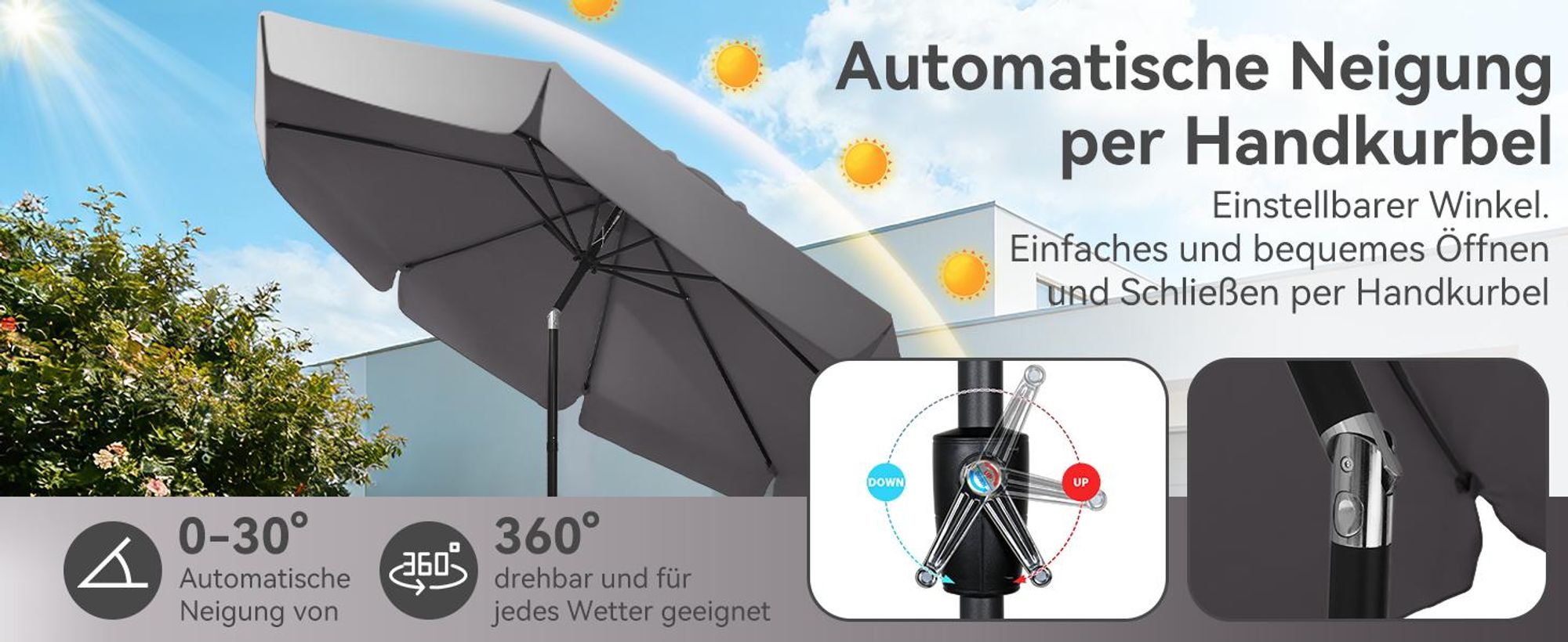 Puluomis Sonnenschirm 3m, Balkonschirm Strandschirm Marktschirm Gartenschirm Neigbar UPF 30+ mit Kurbel grau