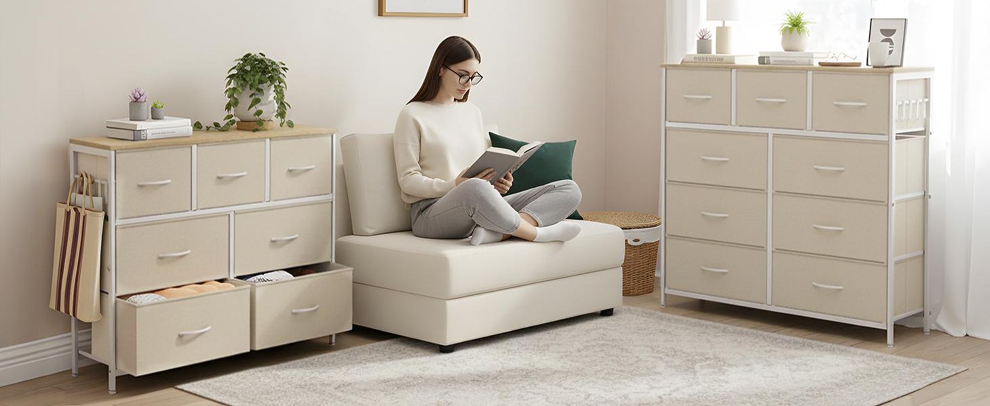 HOKEEPER Kommode, Chest of Drawers, 7 Schubladen aus Stoff mit Griffen, Komodenschrank Schlafzimmer mit Holzplatte, Sideboard Flur für Küche Büro