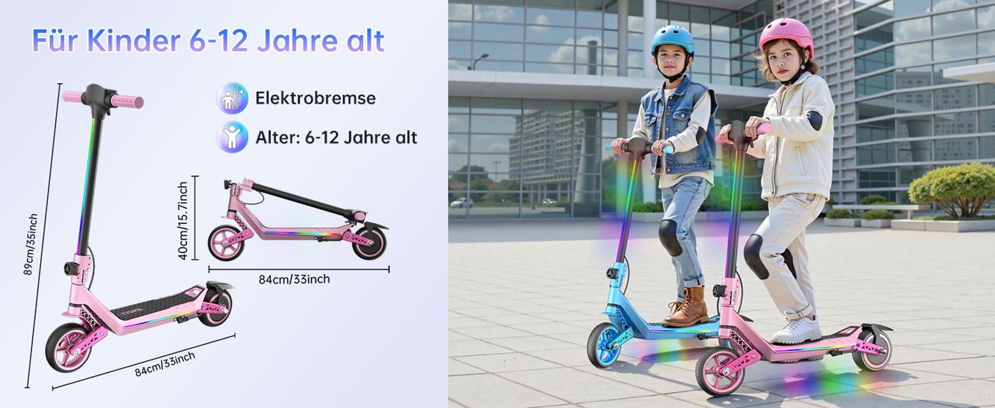 Elektroroller Kinder 6-12 Jahren, Elektroscooter 130W, Klappbar, LED, Kinder E Roller, Doppelstoßdämpfung, Max.16 km/h, Reichweite 10Km, Blau