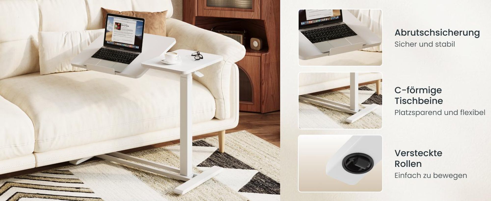 FLEXISPOT Beistelltisch Höhenverstellbar 80x40cm Laptoptisch mit Neigbarer Desktop, Betttisch mit Rollen, für Wohnzimmer und Schlafzimmer, Weiß