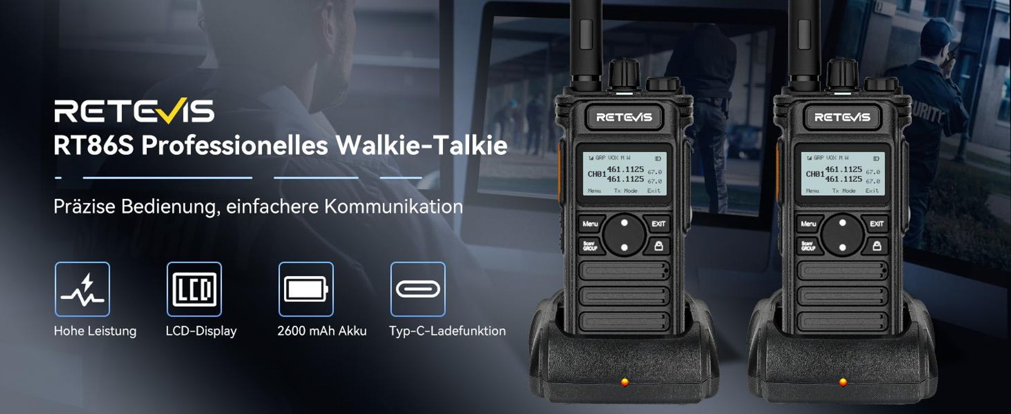 Retevis RT86S Walkie Talkies, großer Reichweite, RT86 Profi Funkgeräte Upgrade Version, Typ C, LCD, Gruppenanruf, 2600 mAh, Handfunkgeräte, Sicherheit