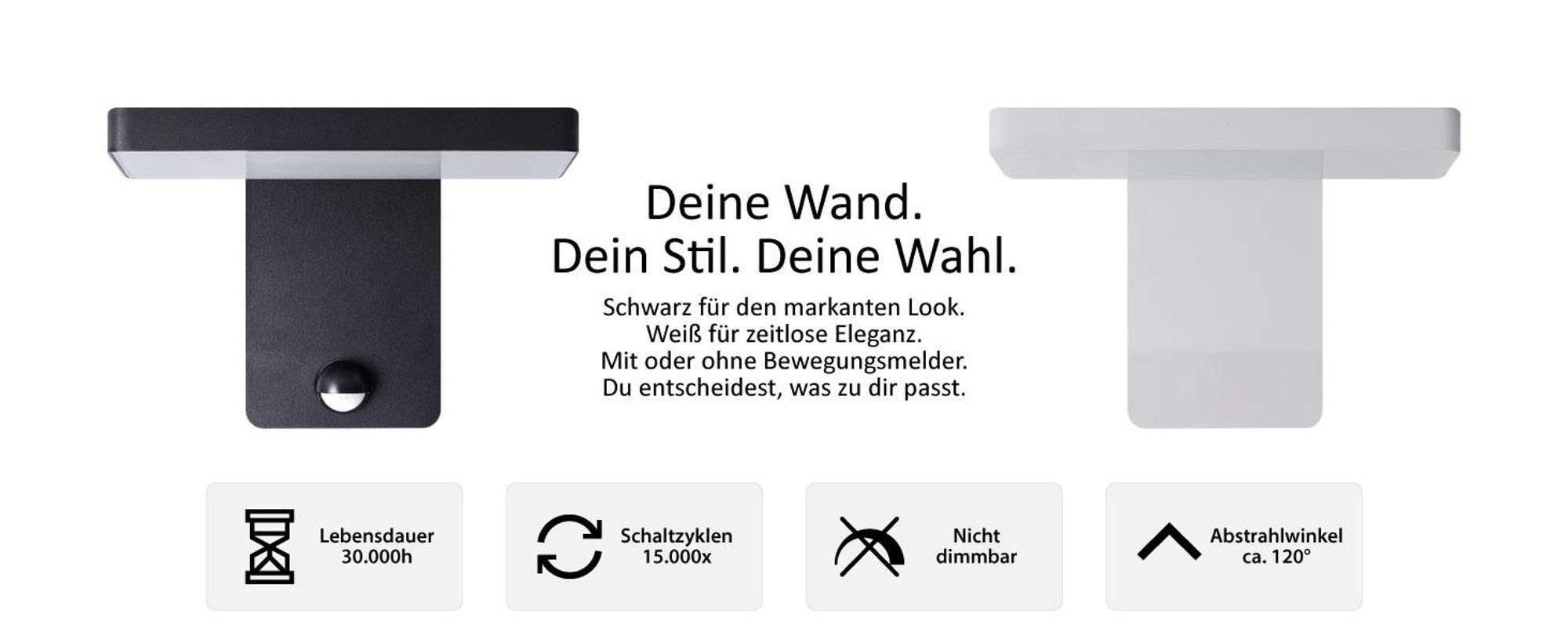 LED Außen-Wandleuchte 3015A1 Schwarz mit Bewegungsmelder, 9W, 900lm, IP44, warmweiß