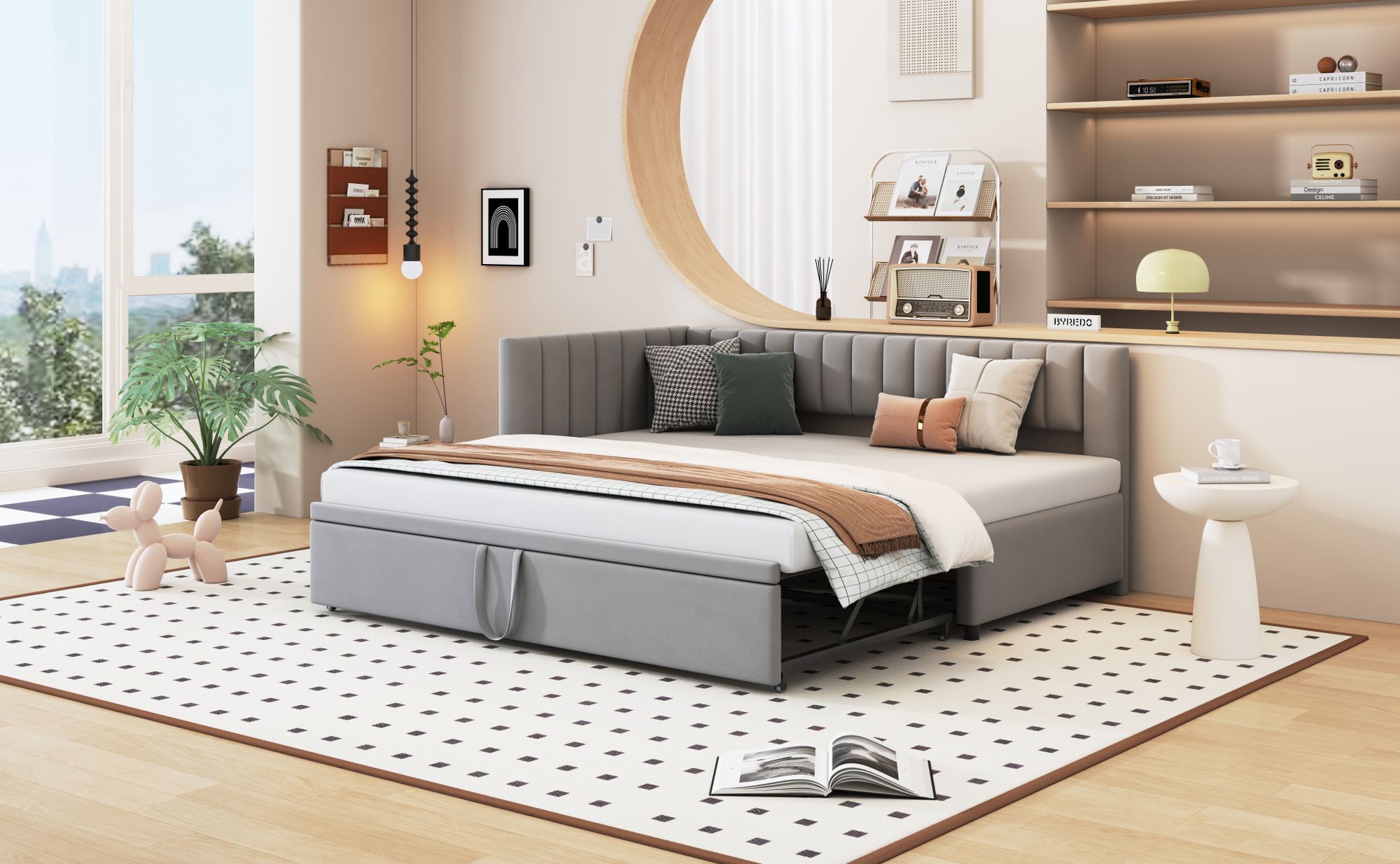 okwish Multifunktionales L-förmiges Schlafsofa mit Ausziehbett 90/180*200cm, Tagesbett Kinderbett Jugendbett Polsterbett in Samtstoff(Ohne Matratze)-Hellgrau