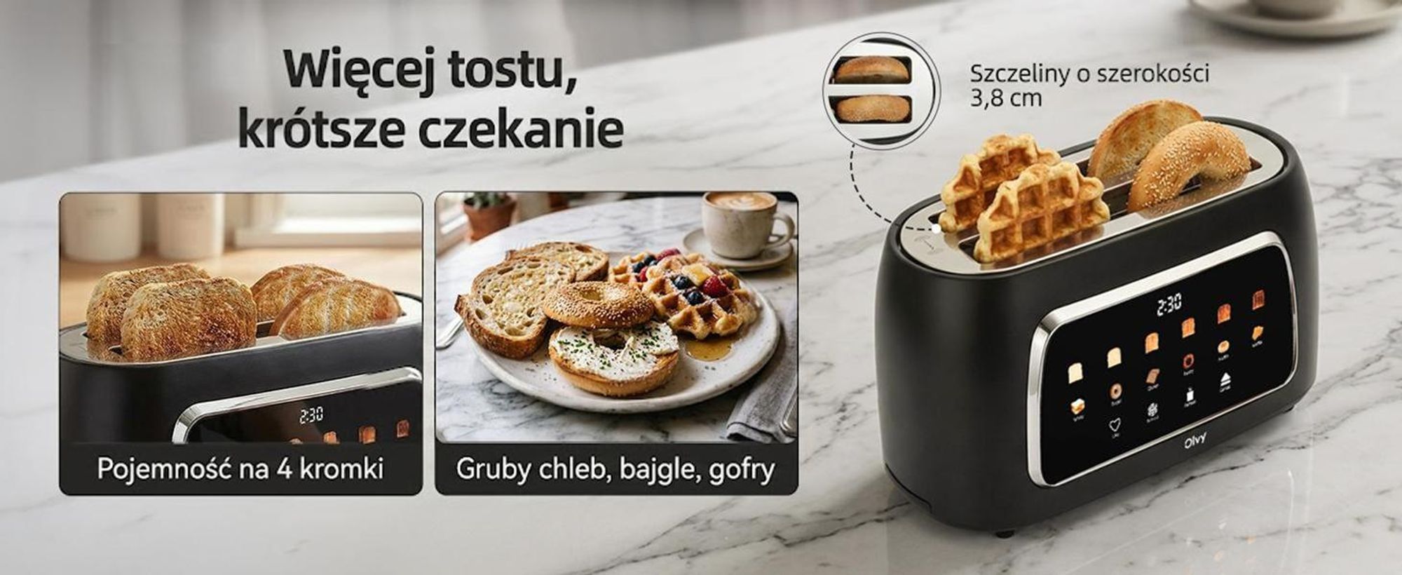 Toster Olvy na 4 kromki, długie otwory, wyświetlacz cyfrowy z timerem, 6 stopni opiekania, szerokie otwory, funkcja rozmrażania i podgrzewania, 1500 W, czarny