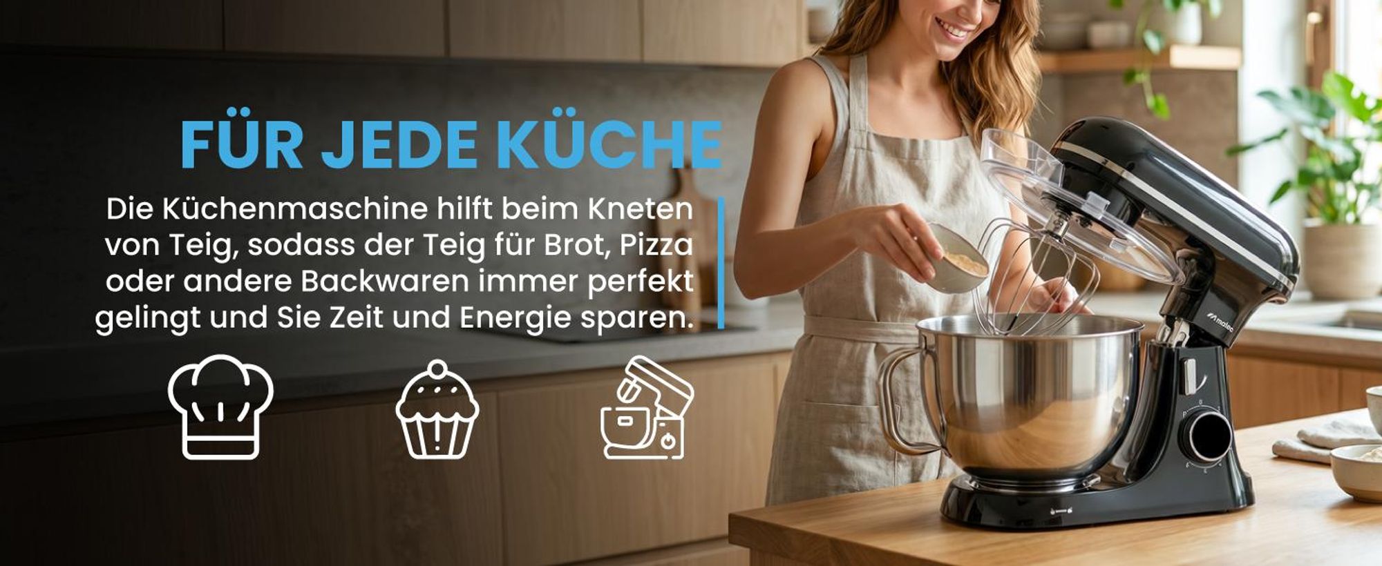 Küchenmaschine Knetmaschine Mixer 7 Liter Schüssel und Haken Schneebesen Edenstahl