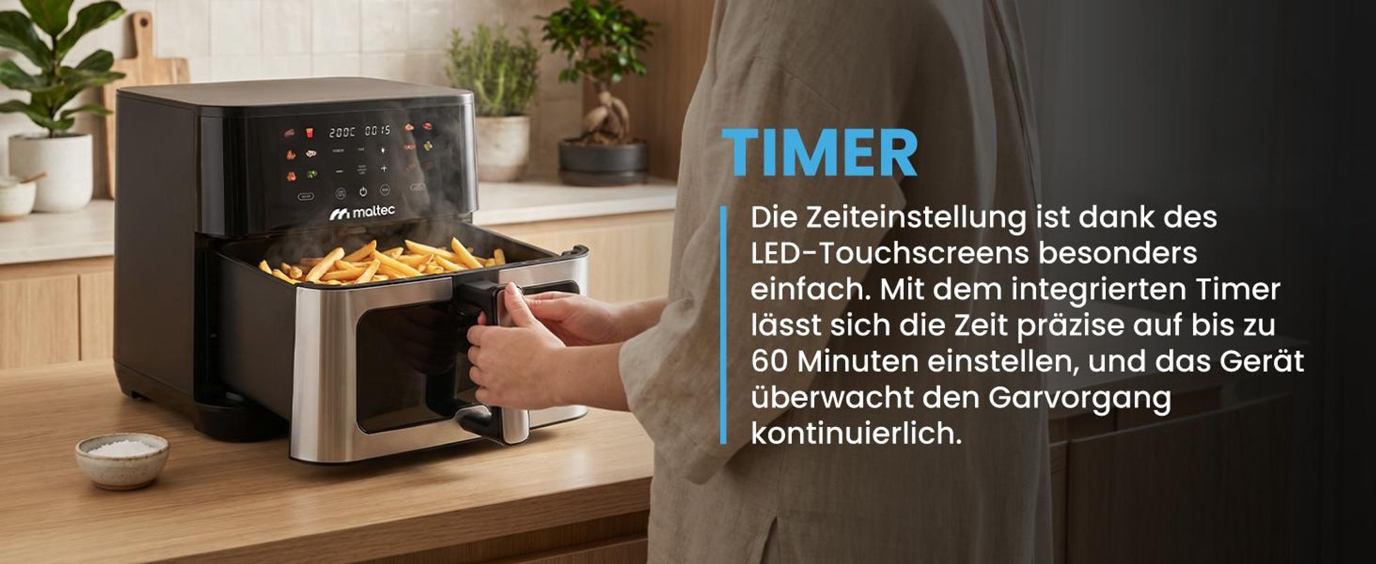 Fritteuse mit 10 Litern Fassungsvermögen, Sichtfenster und 12 Programmen in Schwarz