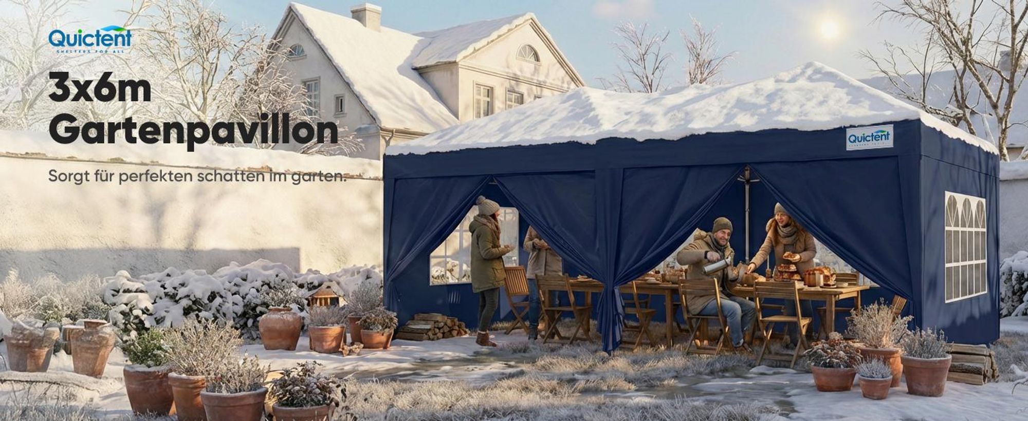 Quictent Faltpavillon 3x6m mit 6 Seitenwänden, Pop up Gartenpavillon mit Rollentasche, Pavillon Partyzelt 3x6 wasserdicht stabil,für Party,UV 50+,Blau
