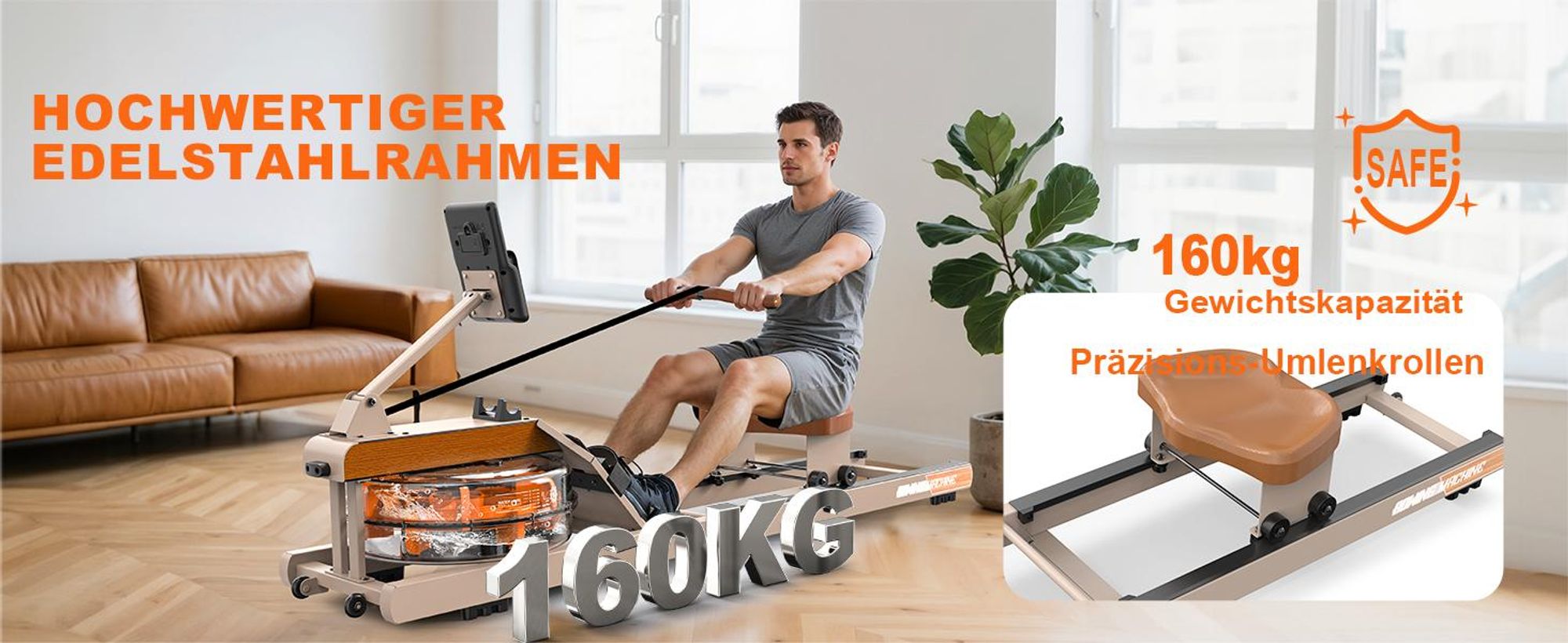 VOWVIT Wasserrudergerät klappbar, Bluetooth-Display, immersiv, 98% vormontiert, 160 kg