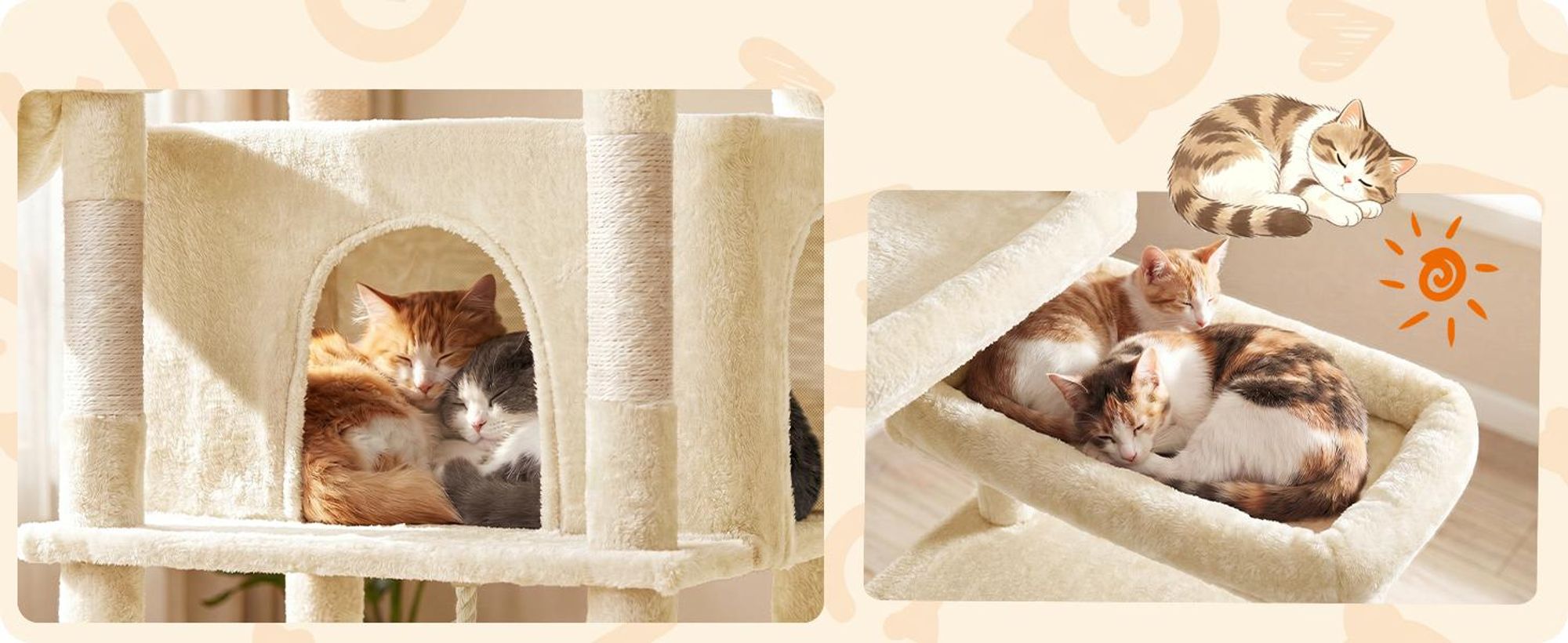 FEANDREA Kletterbaum für Katzen, extra groß, stabiler Katzenkratzbaum mit Kratzsäulen, Plüsch, für große Katzen, beige