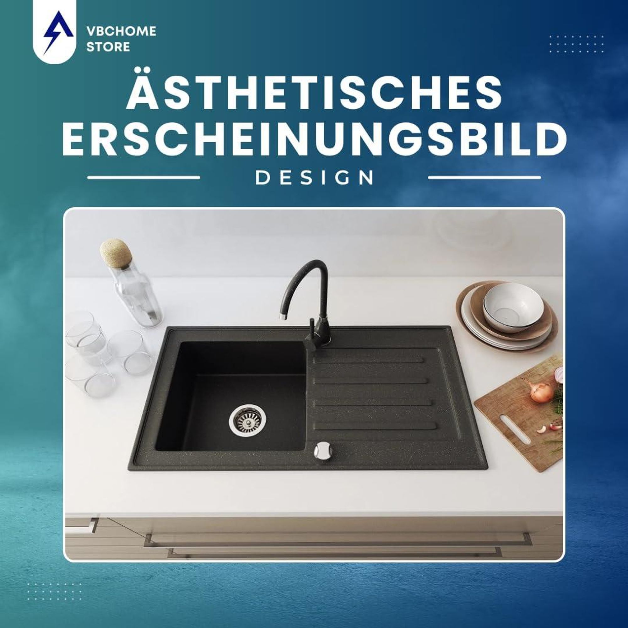 VBChome Granitspüle 76 x 44 cm Schwarz mit Armatur Einzelbecken Einbauspüle Reversibel Gesprenkelt Pflegeleichtes Spülbecken mit Siphon