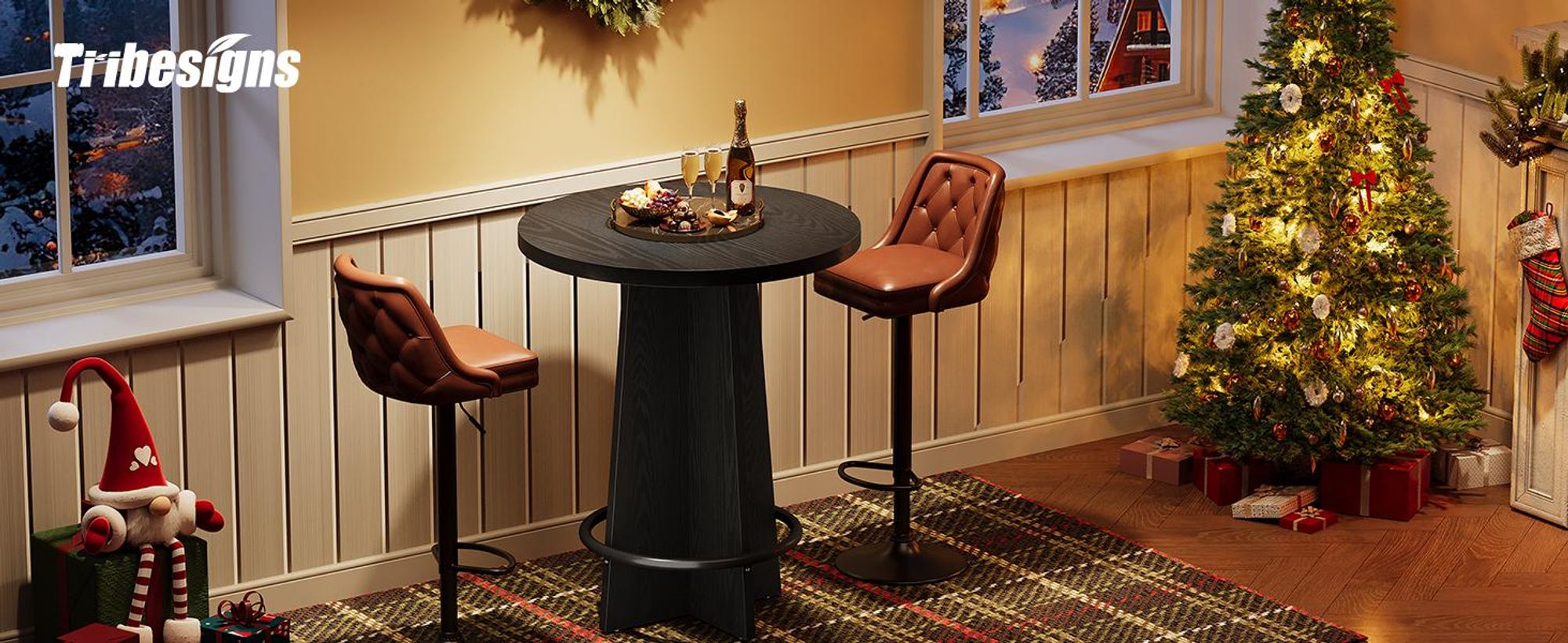 Tribesigns Runder Bartisch, 94 cm hoch, aus Holz, Bistrotisch mit Sockel und Metallring-Fußstütze für Kaffeehaus, Zuhause, kleiner Raum (nur Tisch)