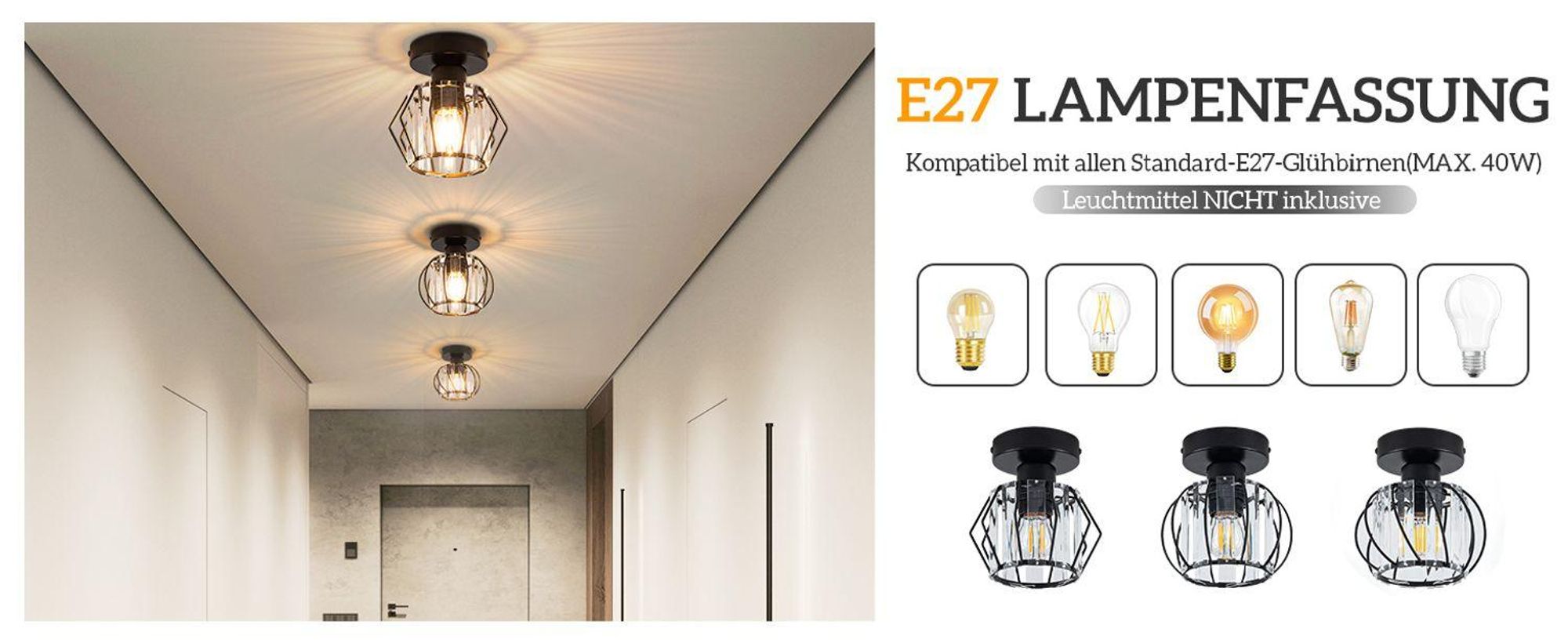 Plafonnier ZMH, cristal, noir, design moderne, idéal pour couloir, lampe de plafond vintage, douille E27, lampe de cuisine intérieure en métal (sans ampoule)