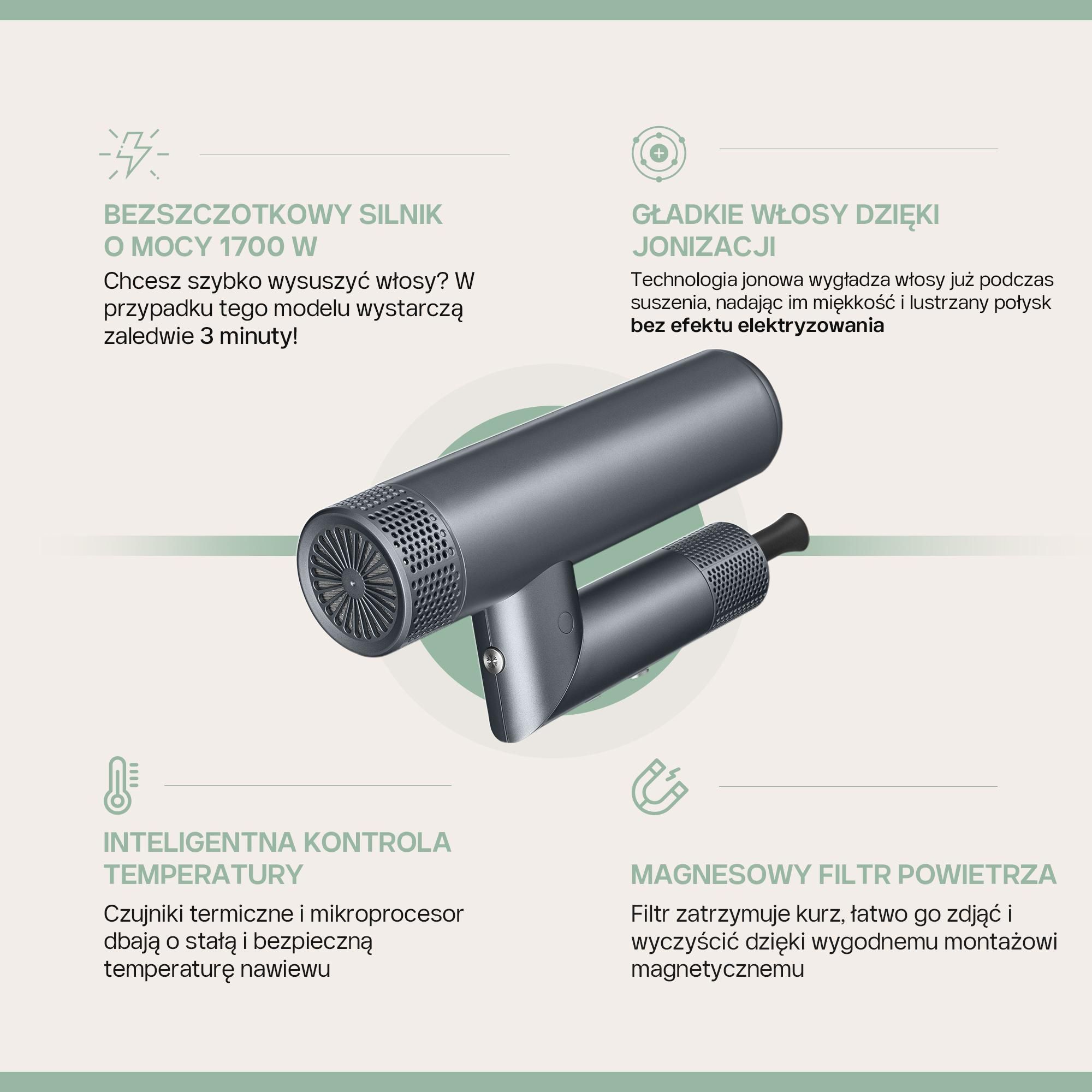 suszarka do włosów 4Swiss F424 AirPower+, 8 trybów suszenia, 110 000 obrotów na minutę, jony >500 milionów, magnetyczna końcówka do stylizacji, cicha i lekka.