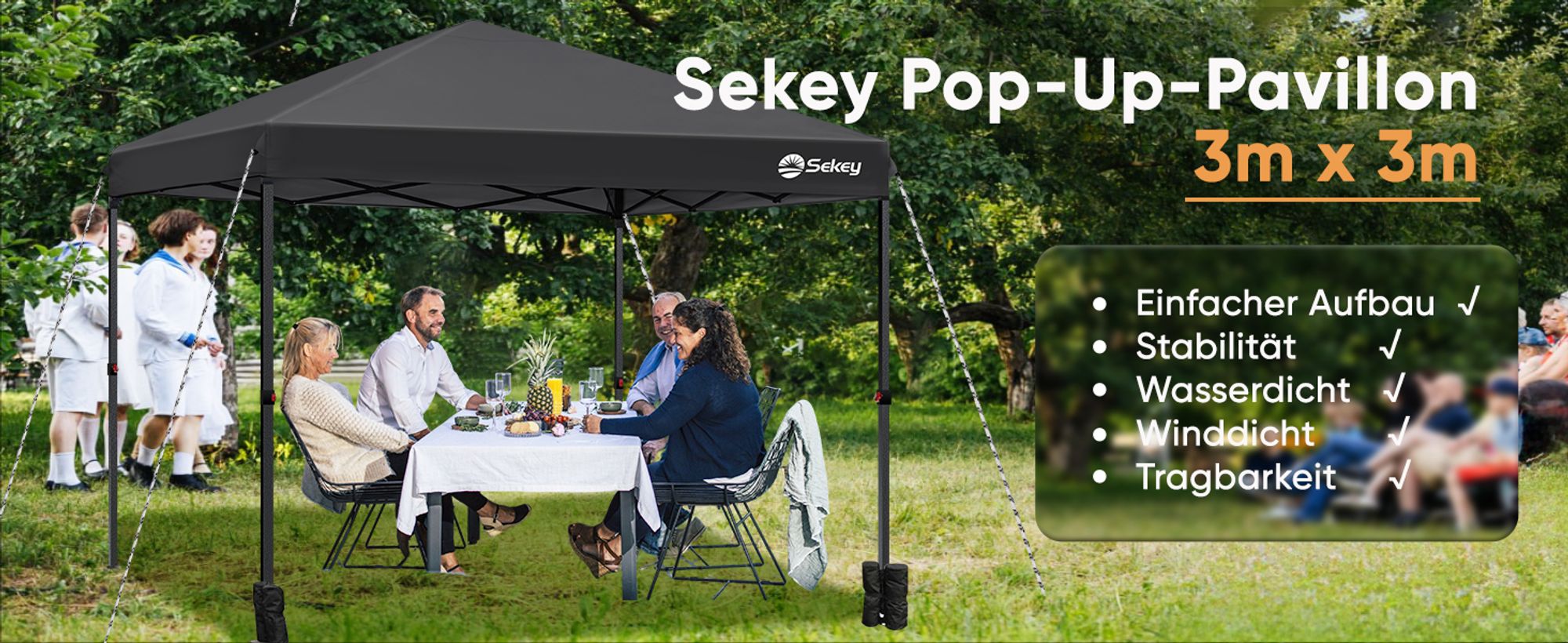 Sekey Faltpavillon 3x3 wasserdicht, Pop Up Pavillon mit 4 Sandsäcken, UV-Schutz 50+ Pavillons & Partyzelte Festzelt, Schwarz