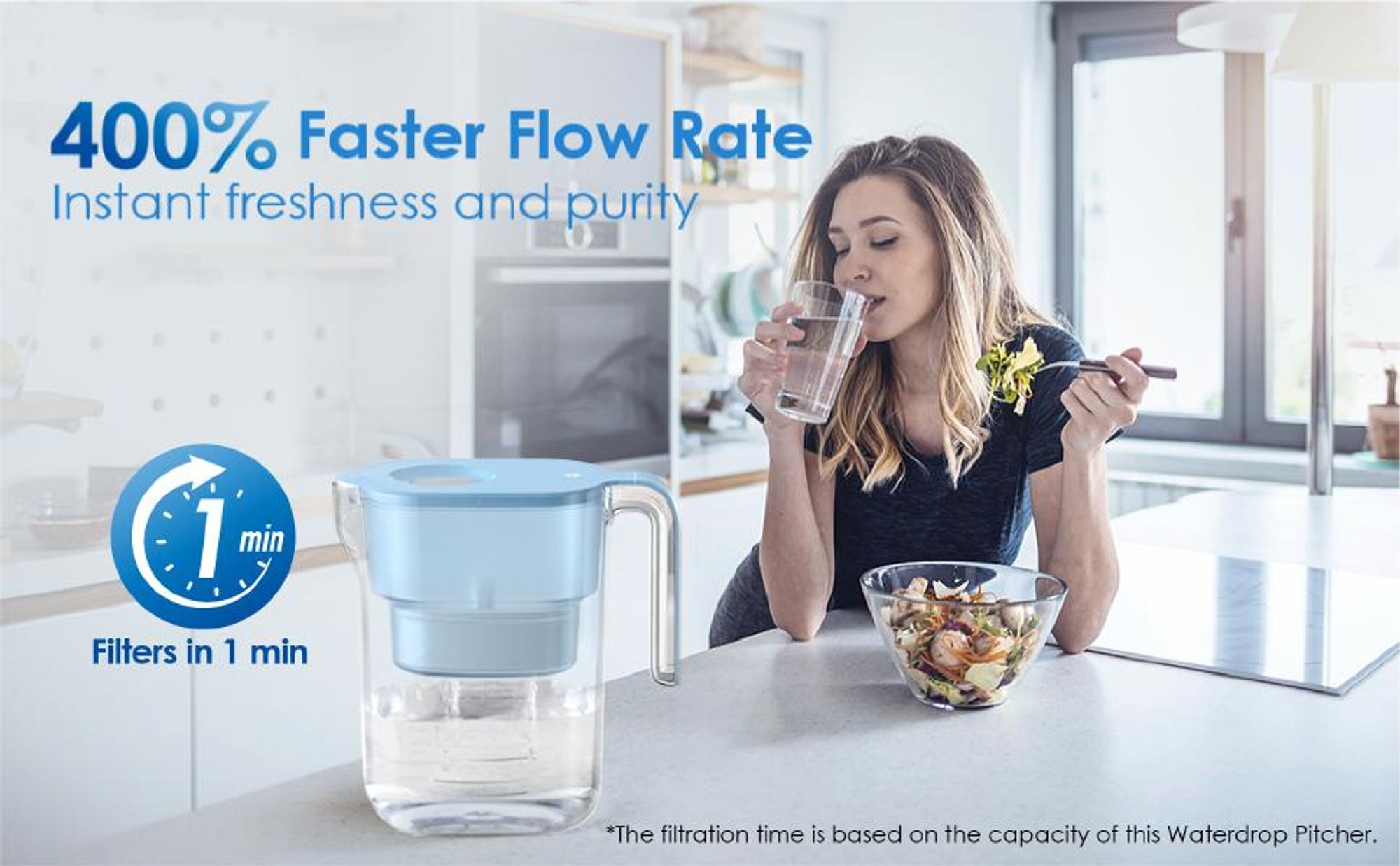Waterdrop Elfin Kühlschrank Wasserfilterkrug mit 4×90 Tage Filterkartusche, 2.5L, NSF er, BPA Frei, Blau (Ersatzfilter: WD-PF-01A)