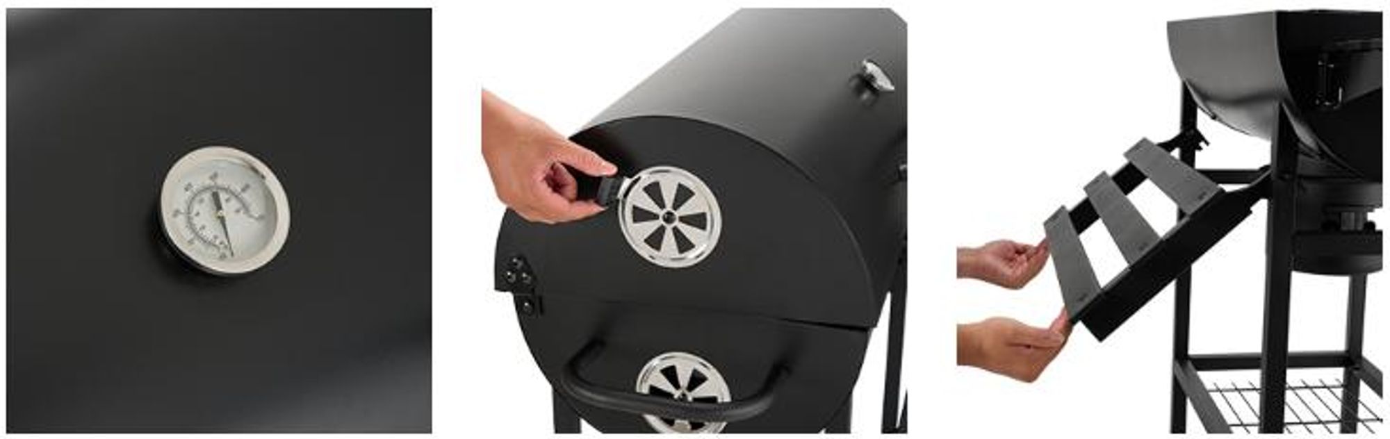 TEENO Grillwagen aus Holz, XXL-Kohlegrill mit Deckel, Thermometer, Ascheschublade, Verbrühungsschutz, verstellbare Belüftung, großer Holzkohlegrill