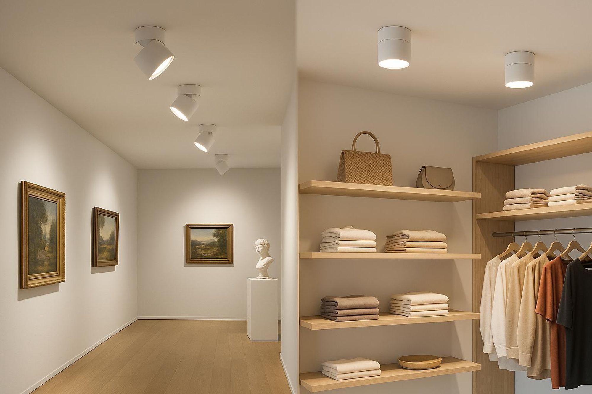 Galerie mit weißen Deckenstrahlern, Gemälden an der Wand, daneben Kleiderschrank mit Regalen.