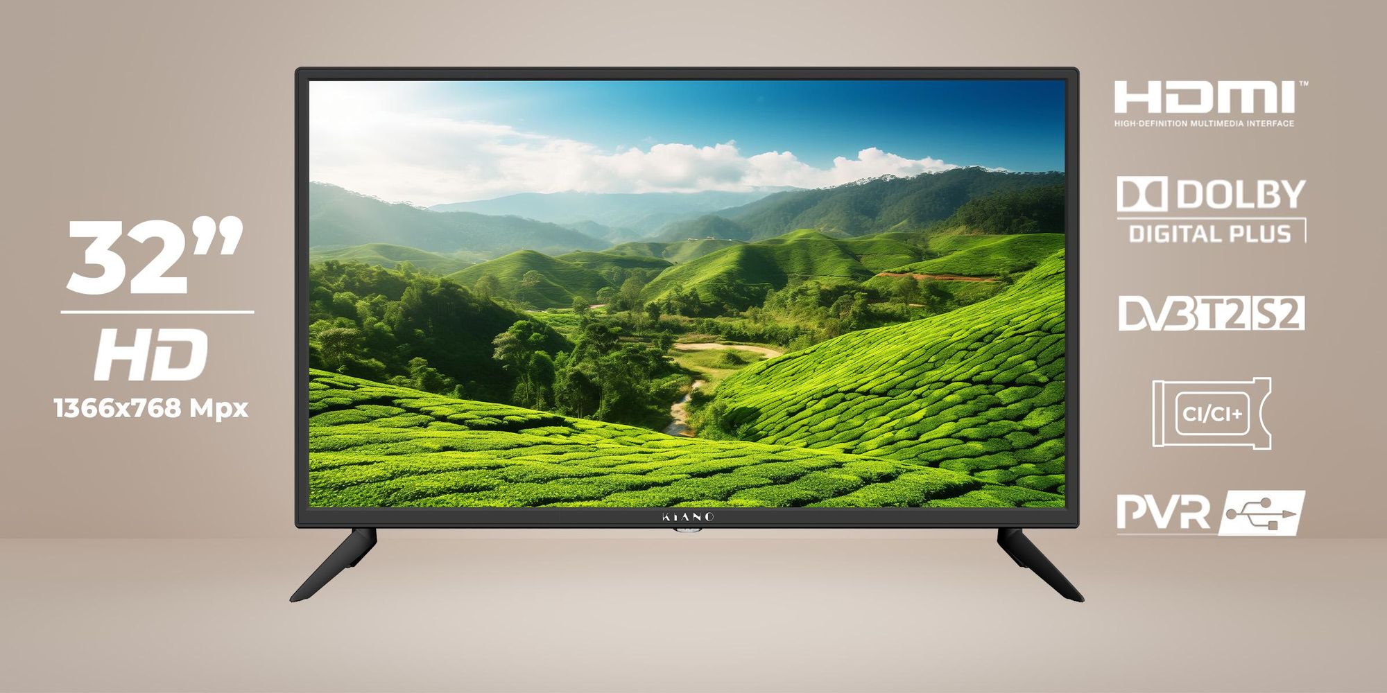 Kiano 32 Zoll LED Fernseher HD Ready - DVB-T2/S2 - 81,3 cm - Dolby Digital Plus - PVR USB Aufnahme - 3x HDMI - VESA 100x100 - Slim TV