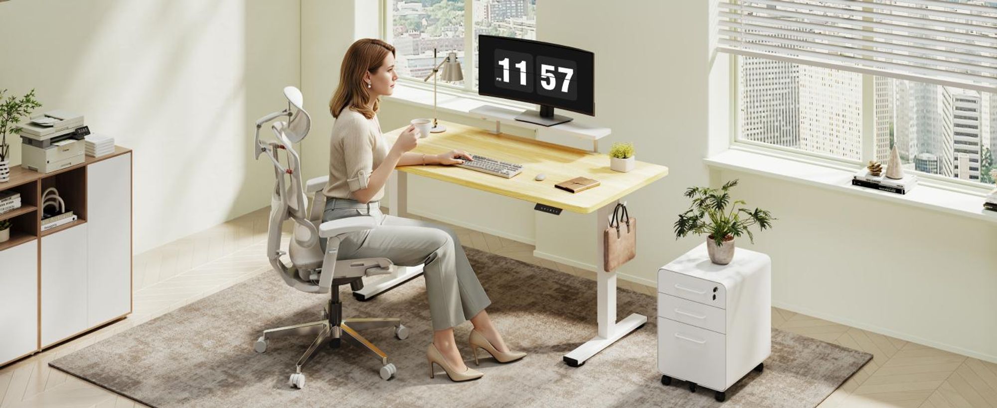 FLEXISPOT Monitorständer mit Klemme, 2 Ablagen, Kabelmanagement, 20 kg Tragkraft, 100 x 20 cm, bis 25 mm Tischplatte, Weiß
