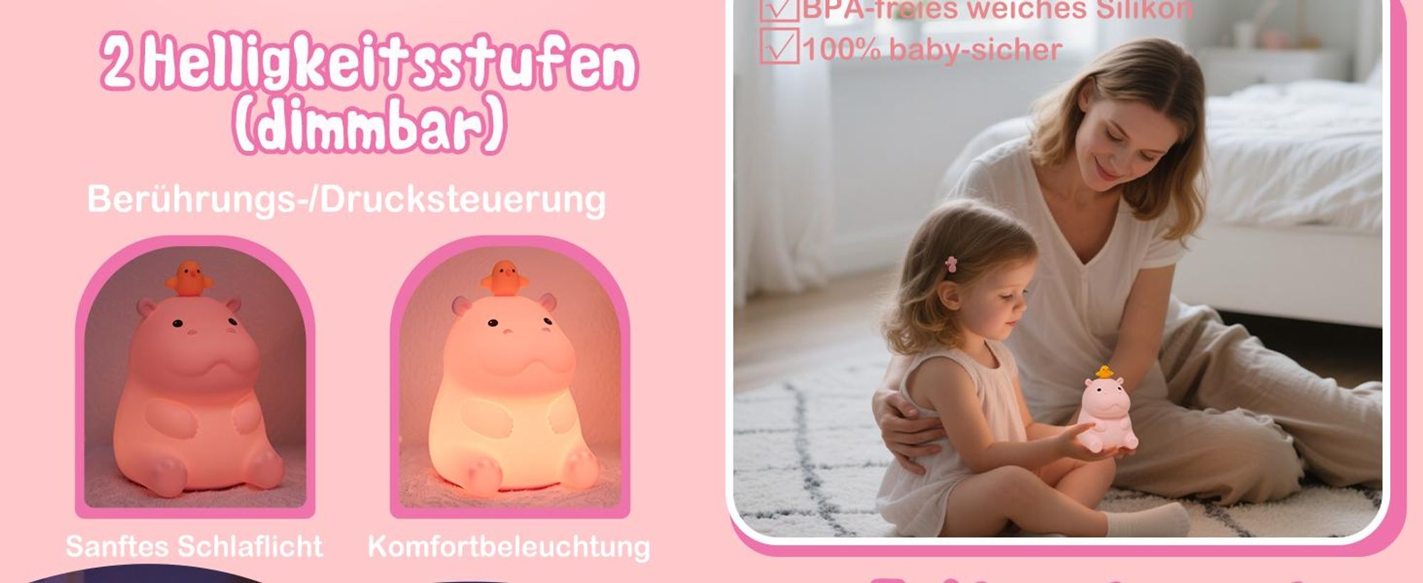 LED Nachtlicht Nilpferd, Silikon Birne Touch Nachtlampe USB-Aufladbar,Warmweiß,süßes Schlaflicht Kinderzimmer tragbare Schlafhilfe Stilllicht