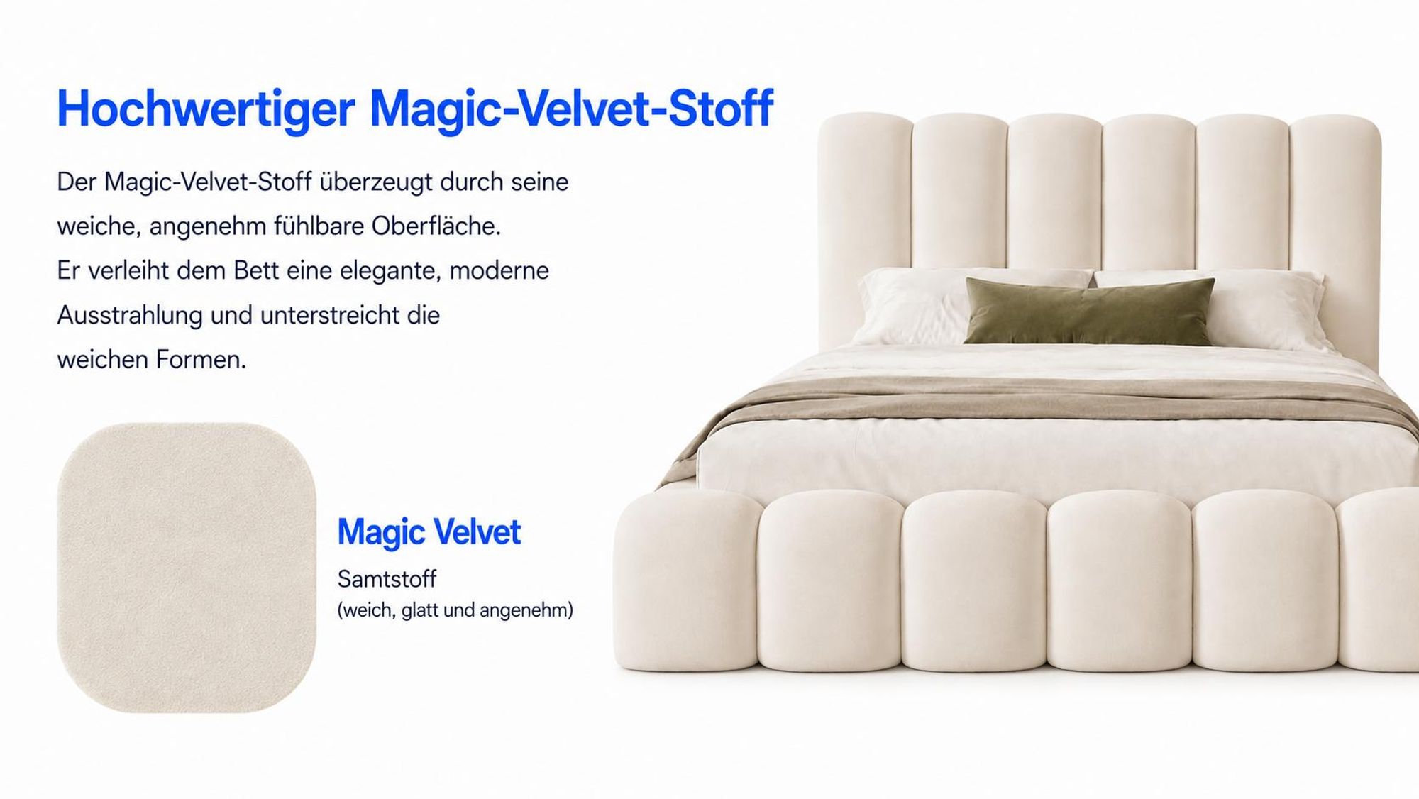 Beiges Polsterbett MELLOW mit weichem und hochwertigem Magic-Velvet-Bezugsstoff