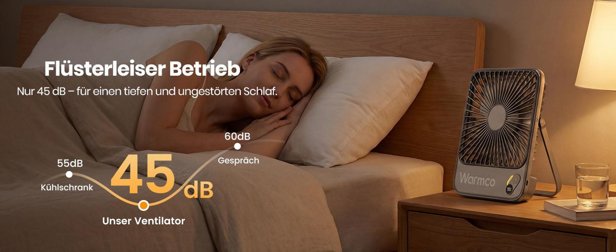 Warmco D3 Akku Ventilator 10000mAh, Tischventilator Leise, 10–24Std. USB-C, LED-Anzeige, Ultraflacher 4-Stufen Ventilator Für Büro, Schlafzimmer, Camp