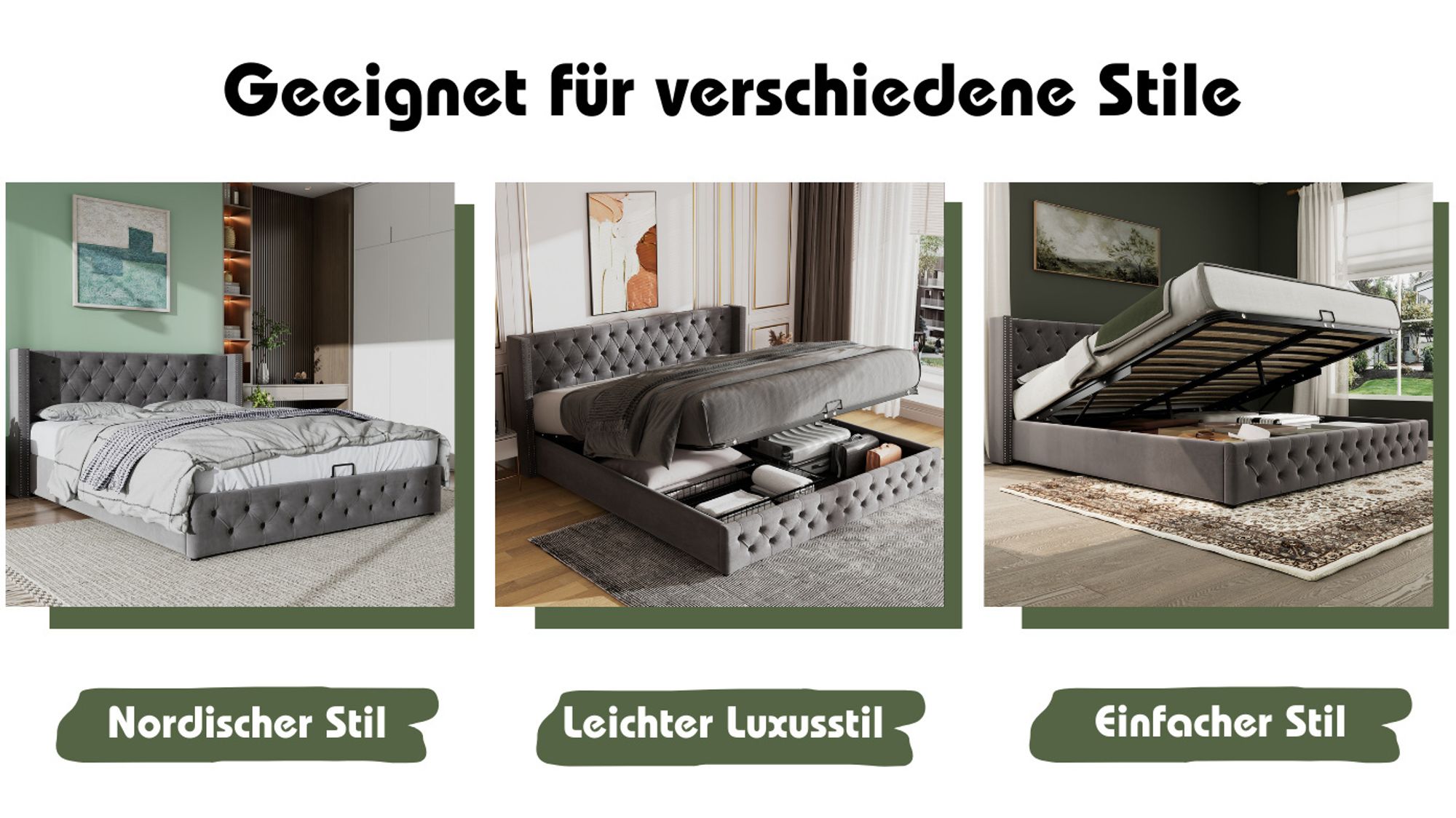 MODFU Boxspringbett Hydraulisches 140 x 200 cm mit Ohrenform Kopfteil und Knopfnähte, Polsterbett Doppelbett Stauraumbett mit Bettkasten Stauraum, Samt Grau(Ohne Matratze)