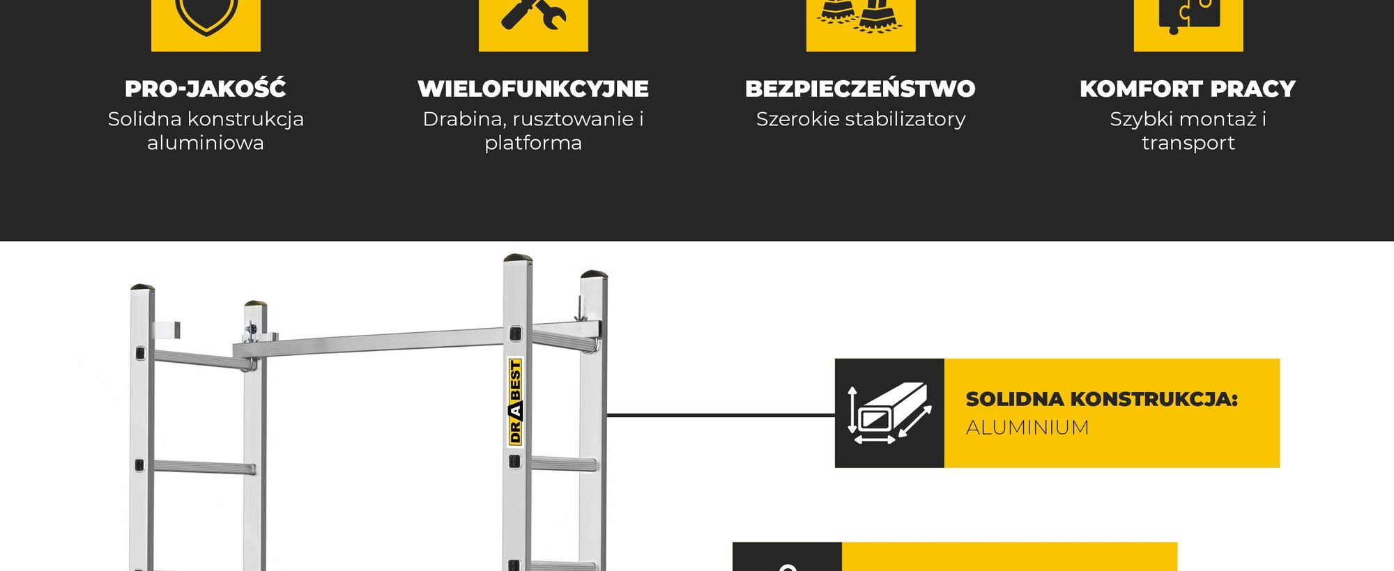 Drabest | Uniwersalna drabina + rusztowanie BASIC - Rusztowanie drabinowe 2x7, nośność platformy: 150 kg, wymiary platformy 33 x 114 cm