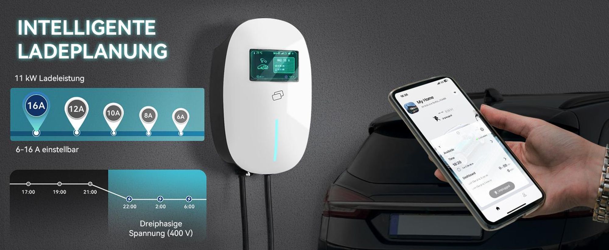 Puluomis Wallbox Ladestation 11kW Ladekabel 7m Typ 2 mit Halter,EV Ladegerät 3-phasig 6-16A einstellbar, IP65 Wasserdicht mit Wlan & Bluetooth weiß