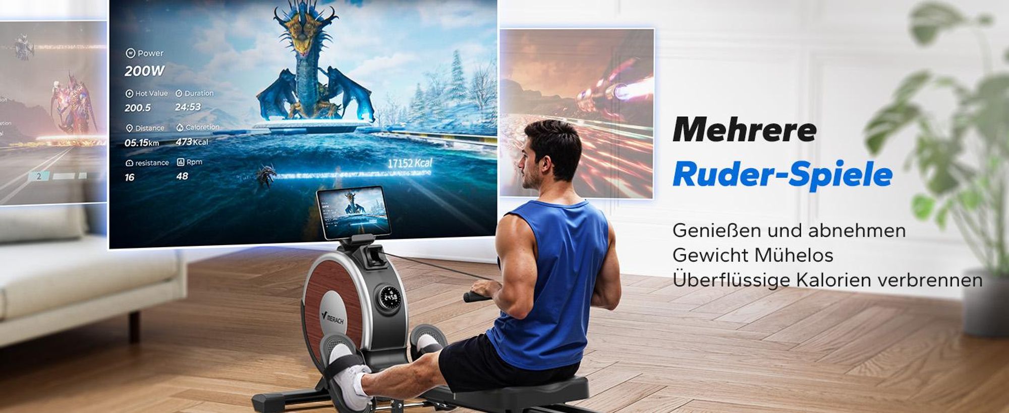 Klappbares magnetisches Rudergerät – leise, 16 Stufen Widerstand, Doppel-Schienen, Bluetooth-App & Tablet-Halter, LCD-Display, bis 158 kg, Heimfitness