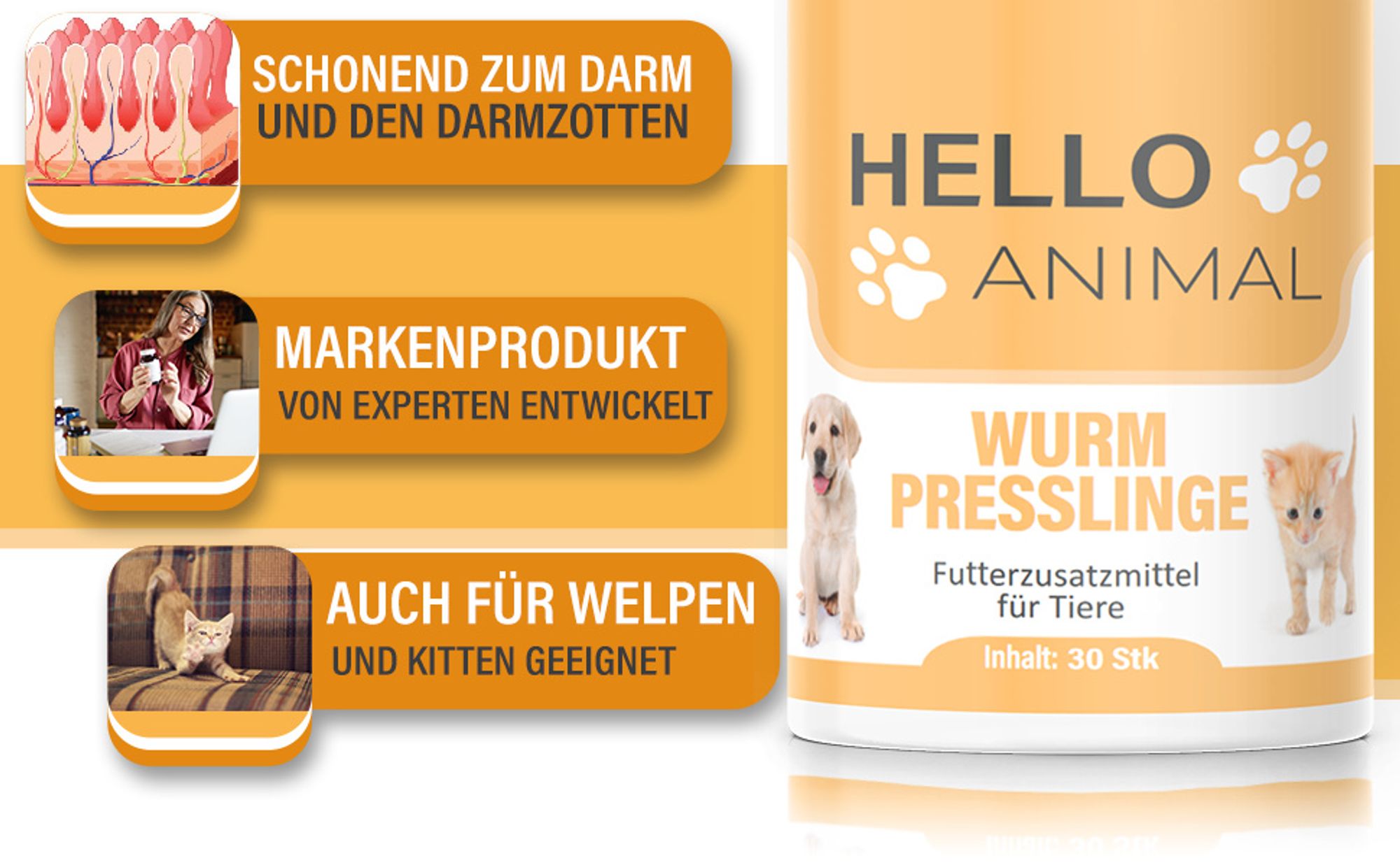 Hello Animal® Wurm Presslinge – Entwurmungskur – für Hunde, Katzen, Kaninchen und Geflügel – bei Wurmbefall – entwurmen - für Magen und Darm