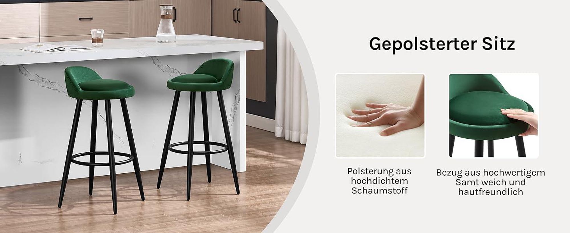 WOLTU Barhocker 2er Set Barstuhl Hocker Tresenhocker Bistrohocker Designer Hocker mit Lehne und Fußstütze aus Samt Metall, Dunkelgrün