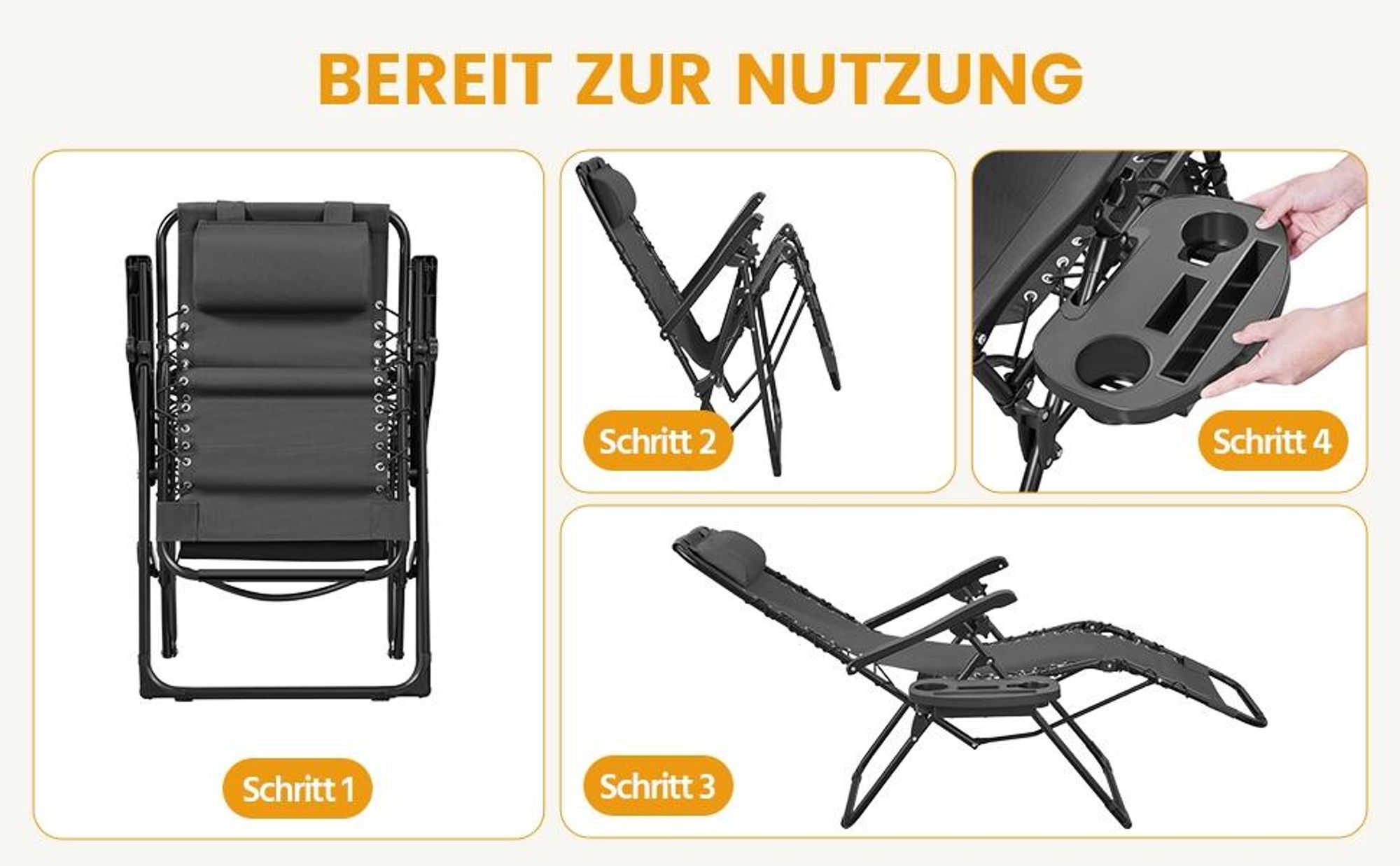 Yaheetech 2er Set klappbarer Liegestuhl, mit Nackenkissen & Getränkehalter, Sonnenliege mit verstellbarer Rückenlehne, Dunkelgrau