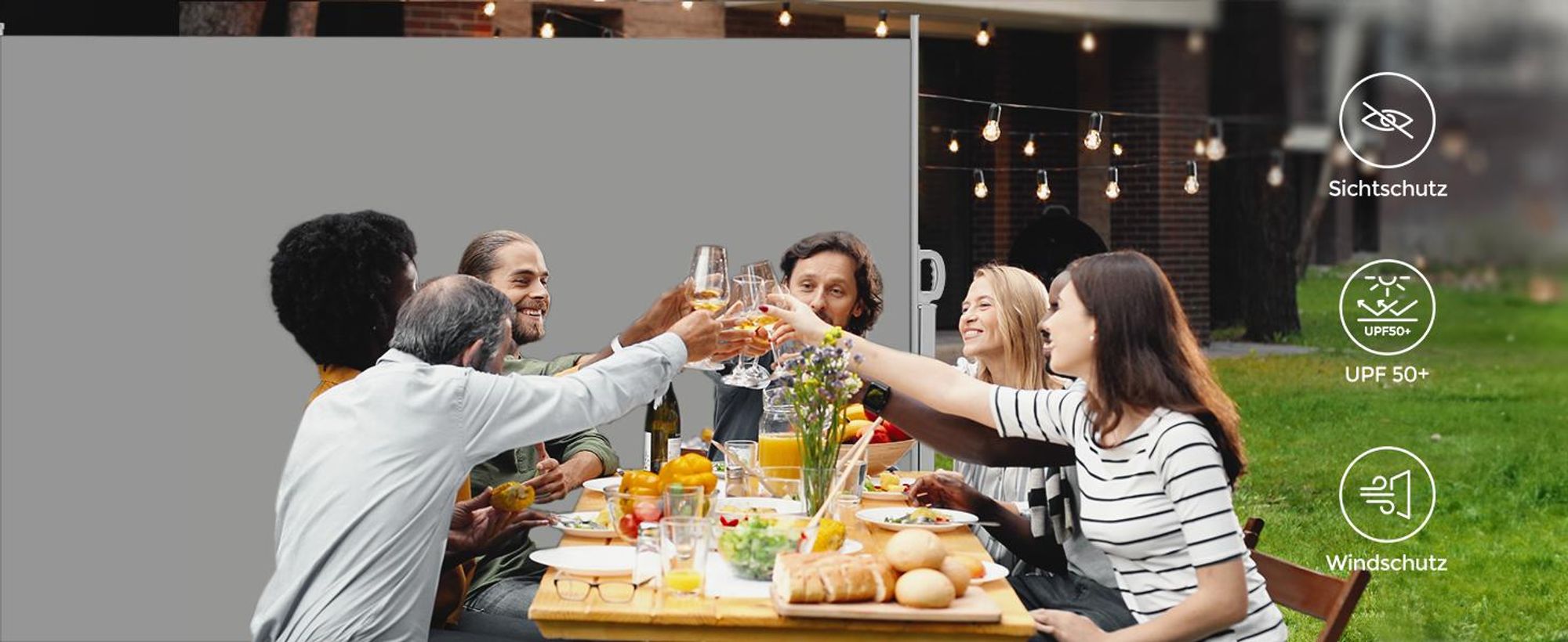 SONGMICS Seitenmarkise, ausziehbar, 200 x 400 cm, aus 220 g/m² Polyester, Sichtschutz, Sonnenschutz, blickdicht, Seitenrollo, für Balkon, Terrasse, Garten, hellgrau ASG504G03