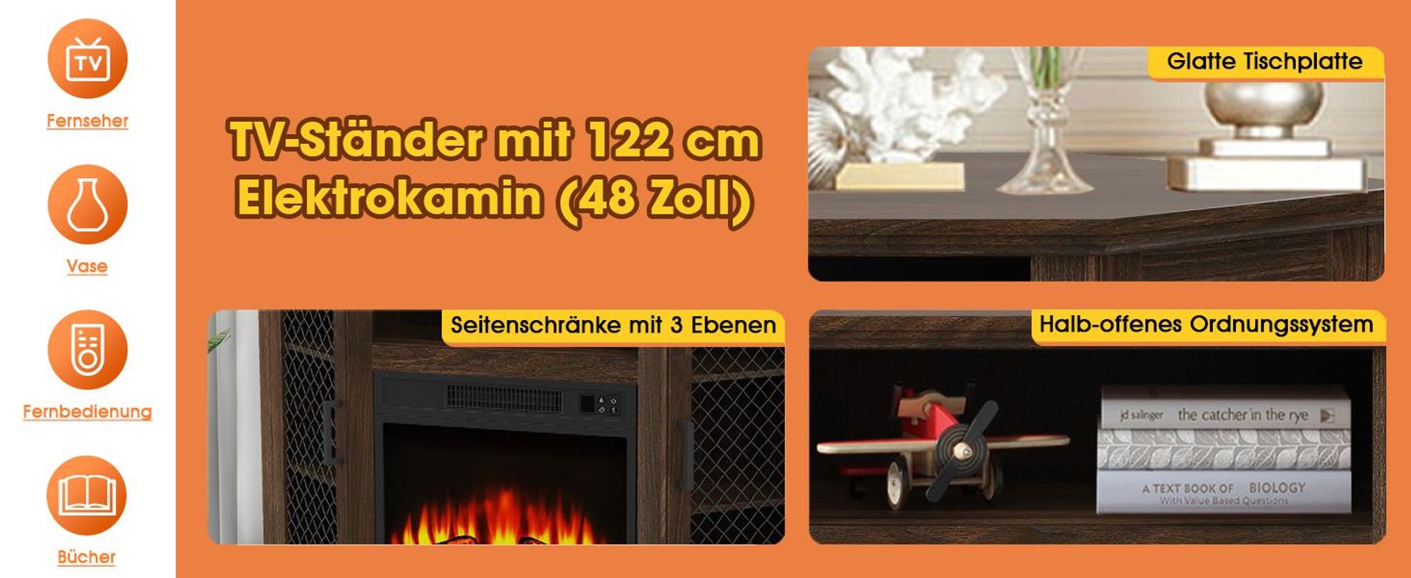 Parrot Uncle TV-Schrank für Fernseher bis 55 Zoll, MDF, Braun, mit 18" Elektrokamin, eignet sich für Eckaufstellung, 114x 56x 76 cm, 45 kg Tragkraft