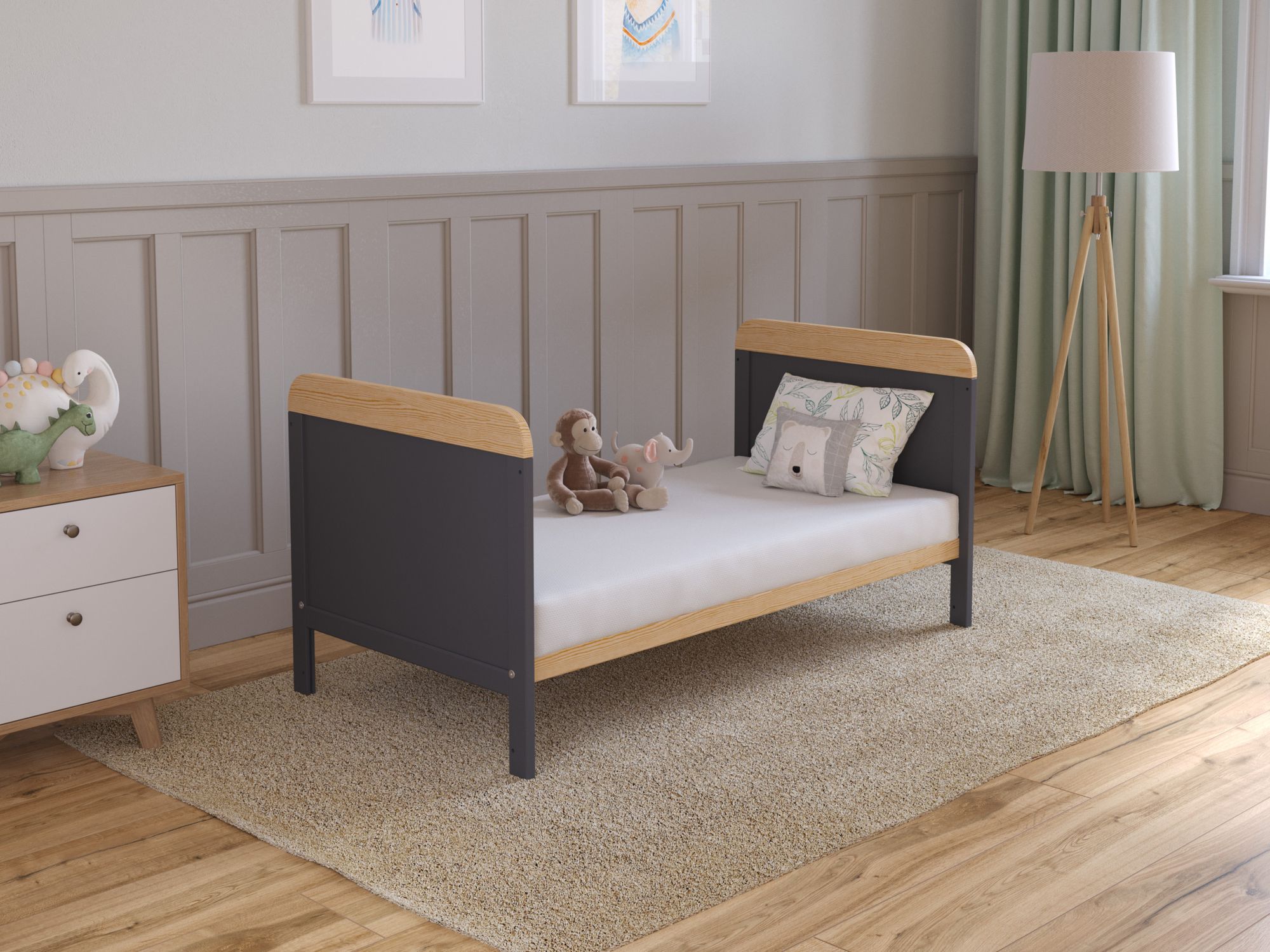 Babybett Beistellbett 120x60 cm mit Matratze,Gitterbett Komplett Set,Umwandelbar in Juniorbett Anthrazit-Kiefer