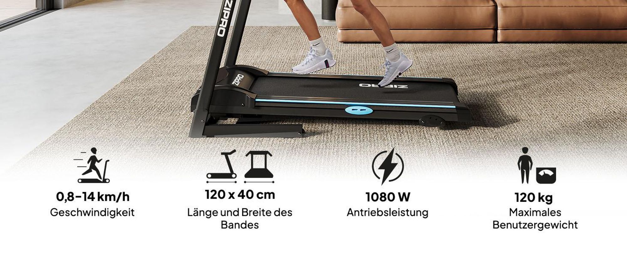 Zipro Tekno klappbares Laufband, 1080 W leiser Elektromotor, breite Lauffläche 40cm Laufband für Zuhause Klappbar mit Steigung SportRun Running Sport