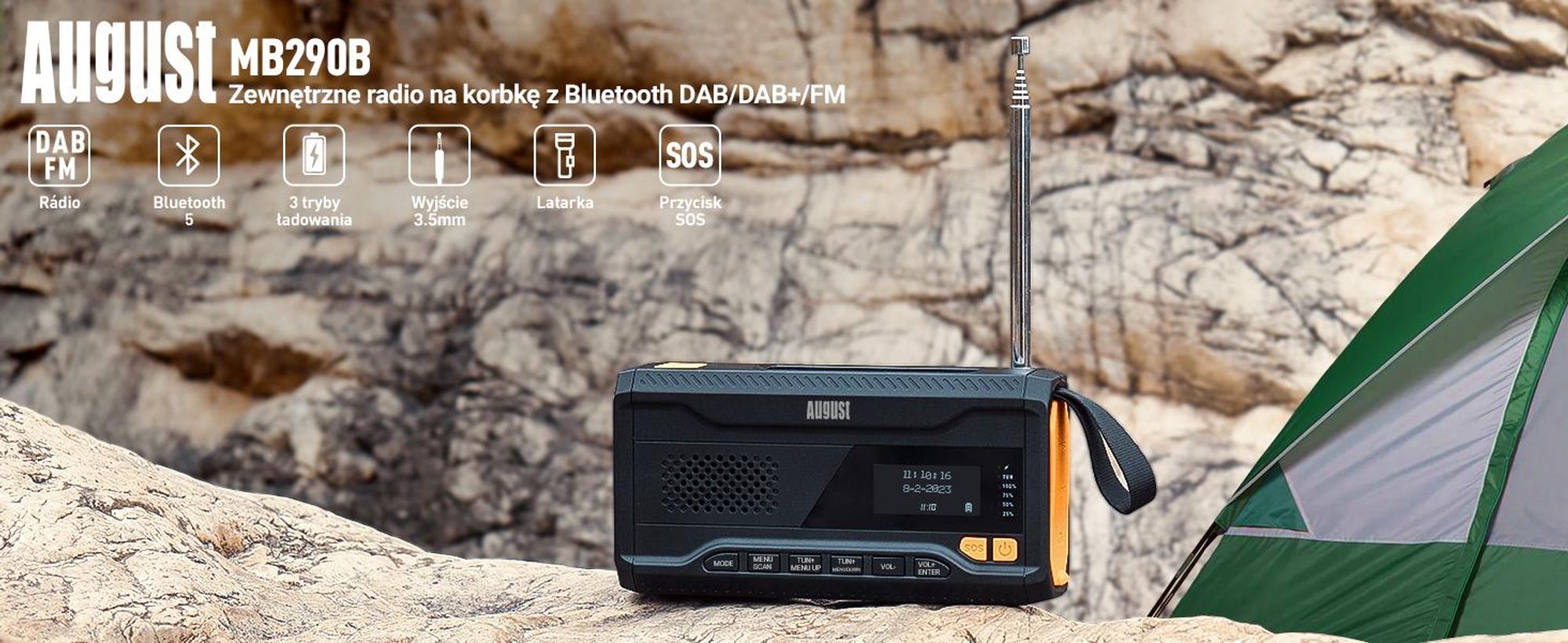 Ręczna korba DAB+ FM Radio Solar Akumulator słoneczny Powerbank Bluetooth - August MB290