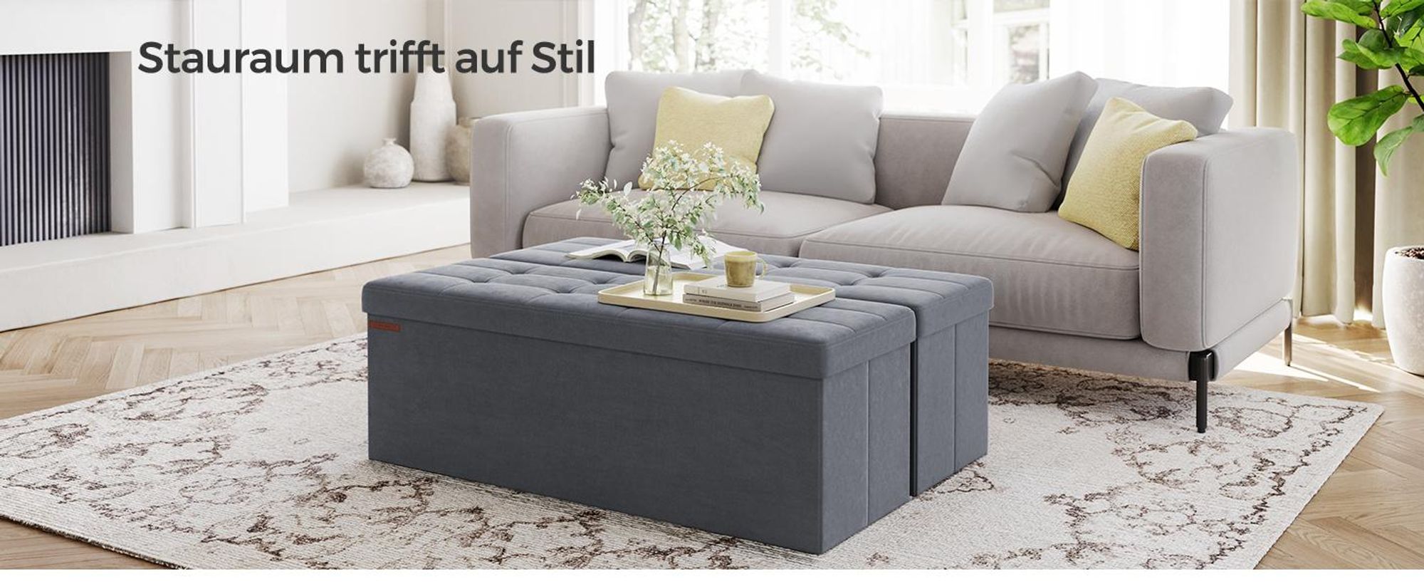 SONGMICS Sitzbank mit Stauraum, klappbare Sitztruhe, 2 extra Aufbewahrungsboxen, 38 x 110 x 38 cm, bis 300 kg belastbar, schiefergrau