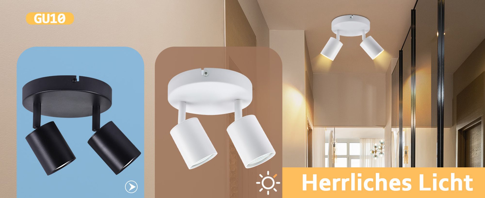 ZMH LED Deckenleuchte 2 Flammig Deckenlampe Spots GU10 330°Schwenkbar Deckenspots Weiss Modern Flurlampe Wandstrahler rund Ohne Leuchtmittel